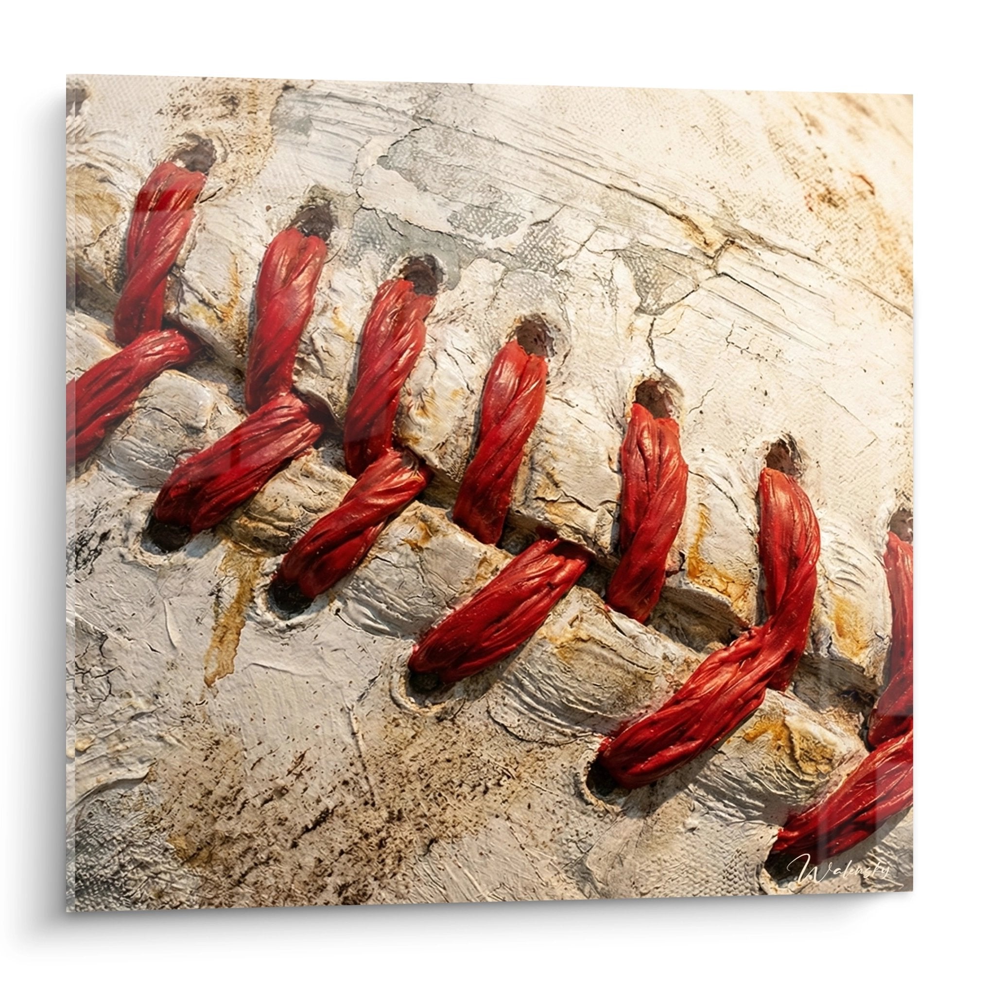 Wandbild Baseball Schnürung rot auf natürlicher Oberfläche - Edition Baseball Sportdekoration