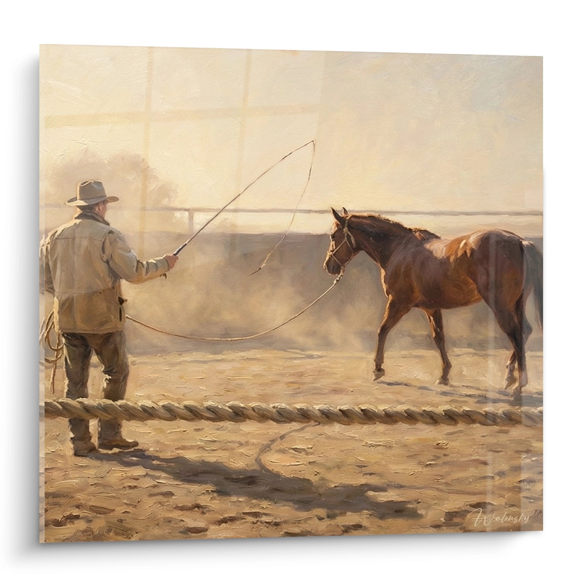 Wandbild Cowboy trainiert braunes Pferd mit Longierseil in staubiger Arena, warme Erdtöne, Western Reitkunst