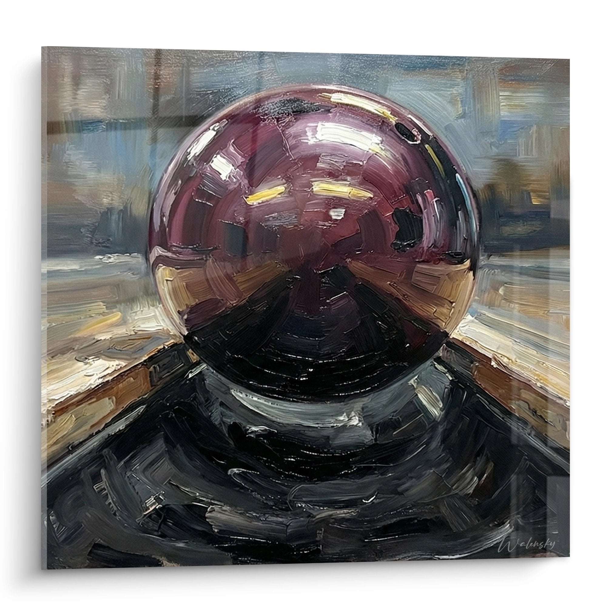 Kunstvolles Wandbild eines glänzenden Bowling Balls in Purpur- und Burgundertönen mit reflektierender Oberfläche