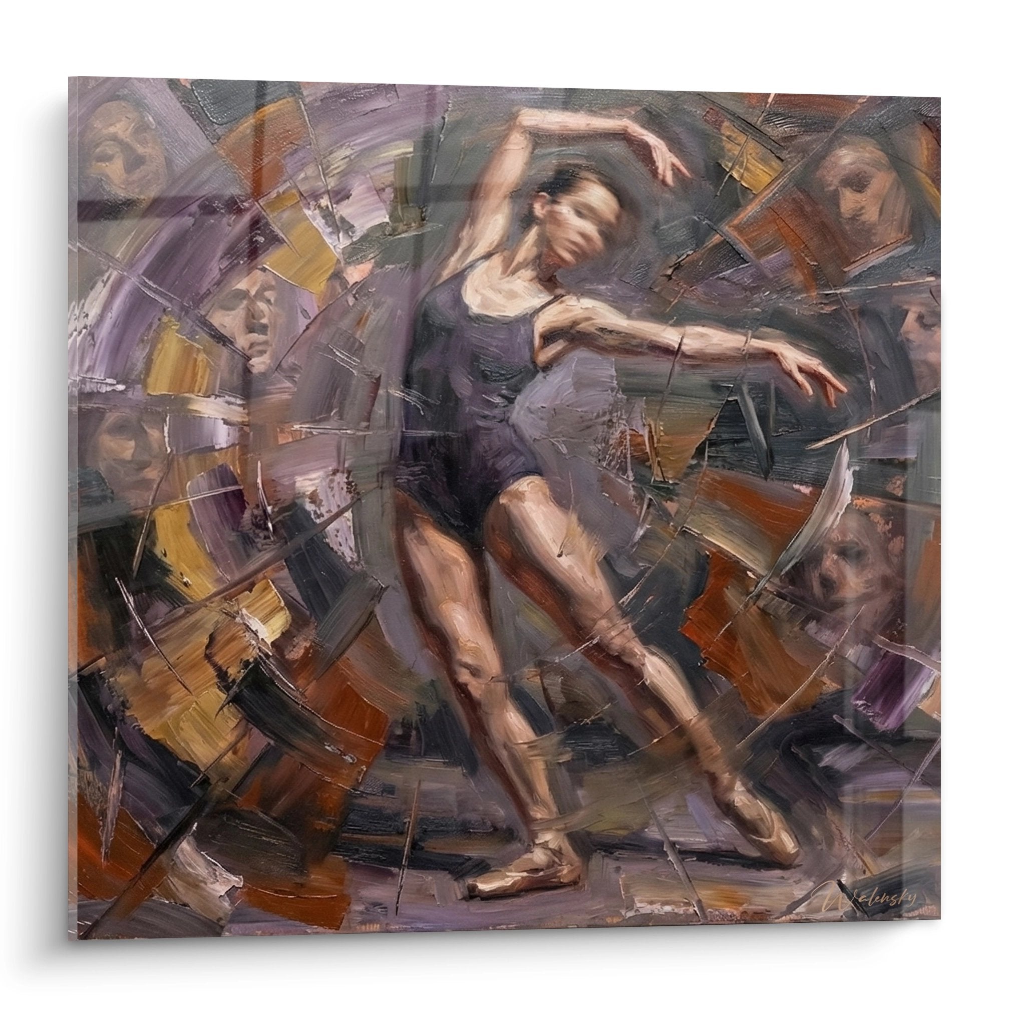 Abstraktes Wandbild einer Tänzerin in dynamischer Pose mit kubistischen Elementen in warmen Erdtönen