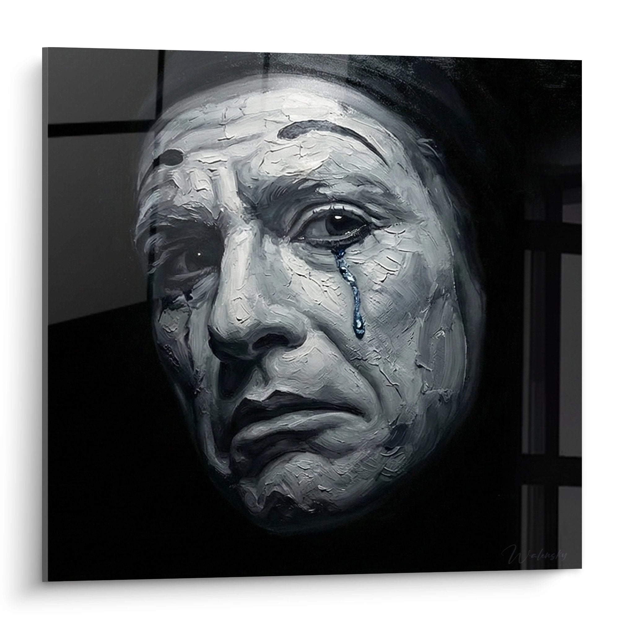 Wandbild eines traurigen Clowns in Schwarz-Weiß mit Träne, melancholisches Zirkus-Portrait für Wohnzimmer