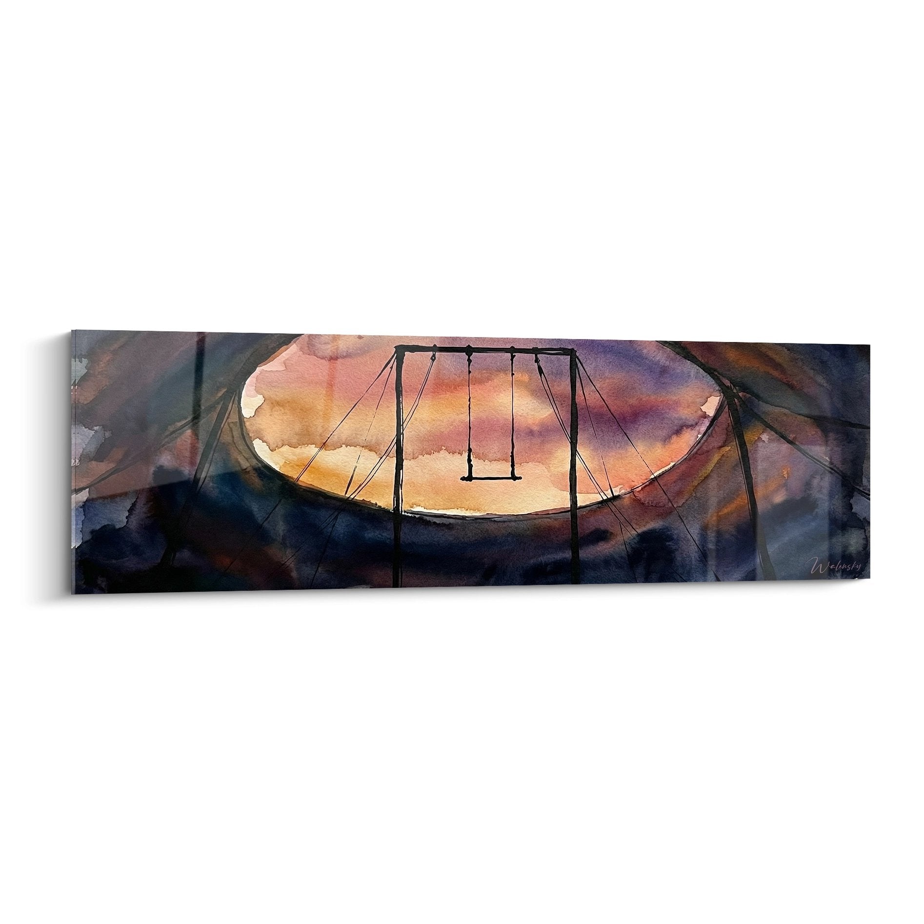 Wandbild Zirkusarena mit Schaukel in Aquarelltechnik, warme Farben Orange Rosa Violett