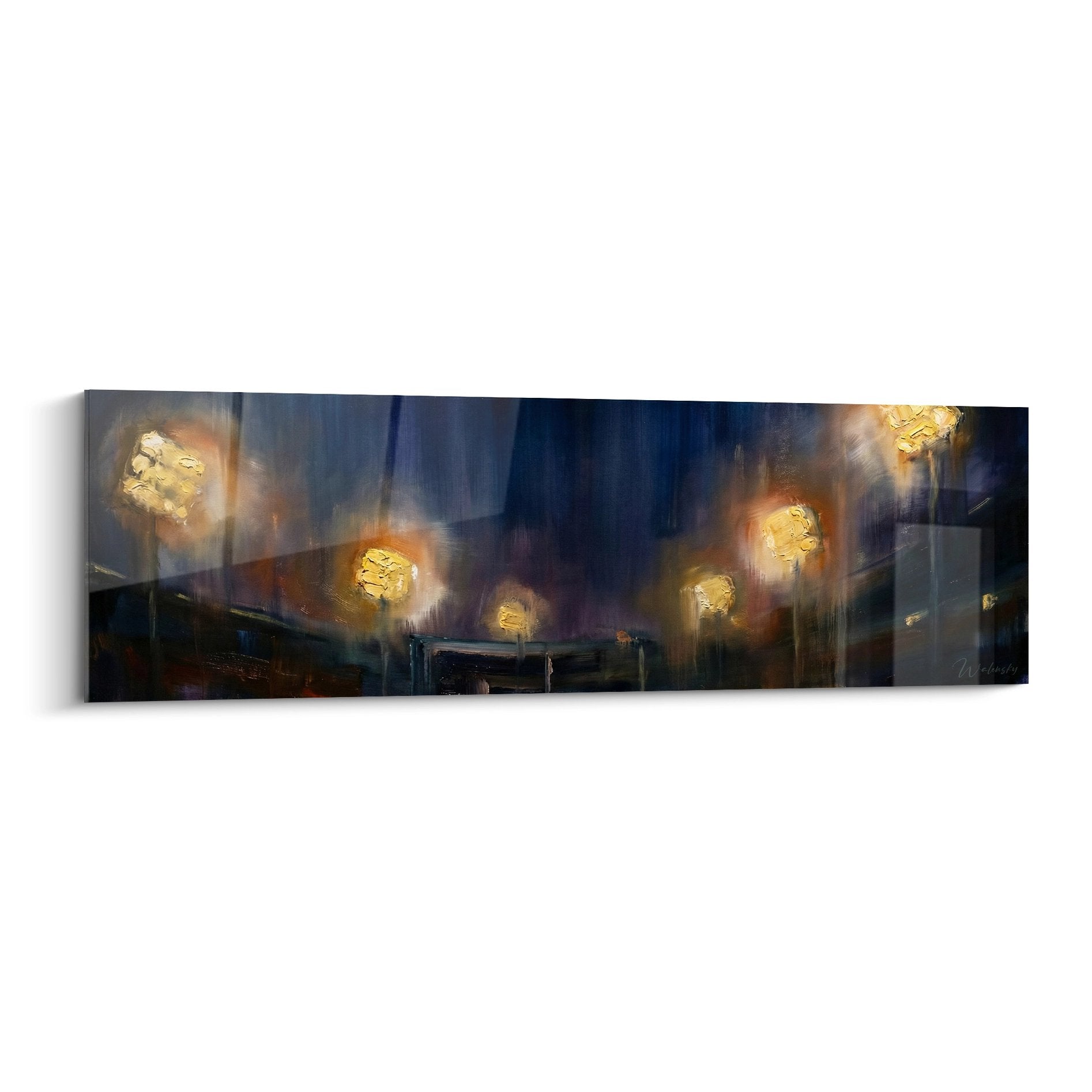 Wandbild nächtliches Baseballstadion mit goldenen Flutlichtstrahlern und blauer Abenddämmerung