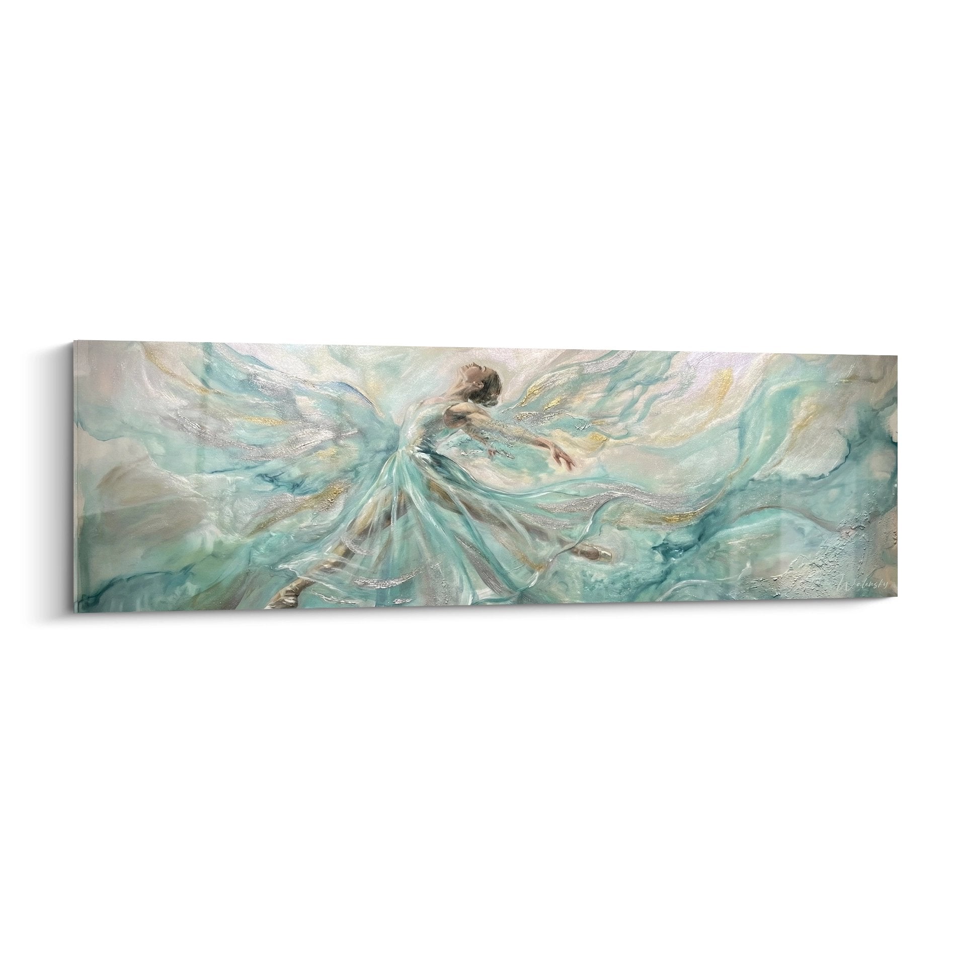 Wandbild einer Tänzerin in fließenden türkisen Schleiern, impressionistische Maltechnik mit goldenen Akzenten
