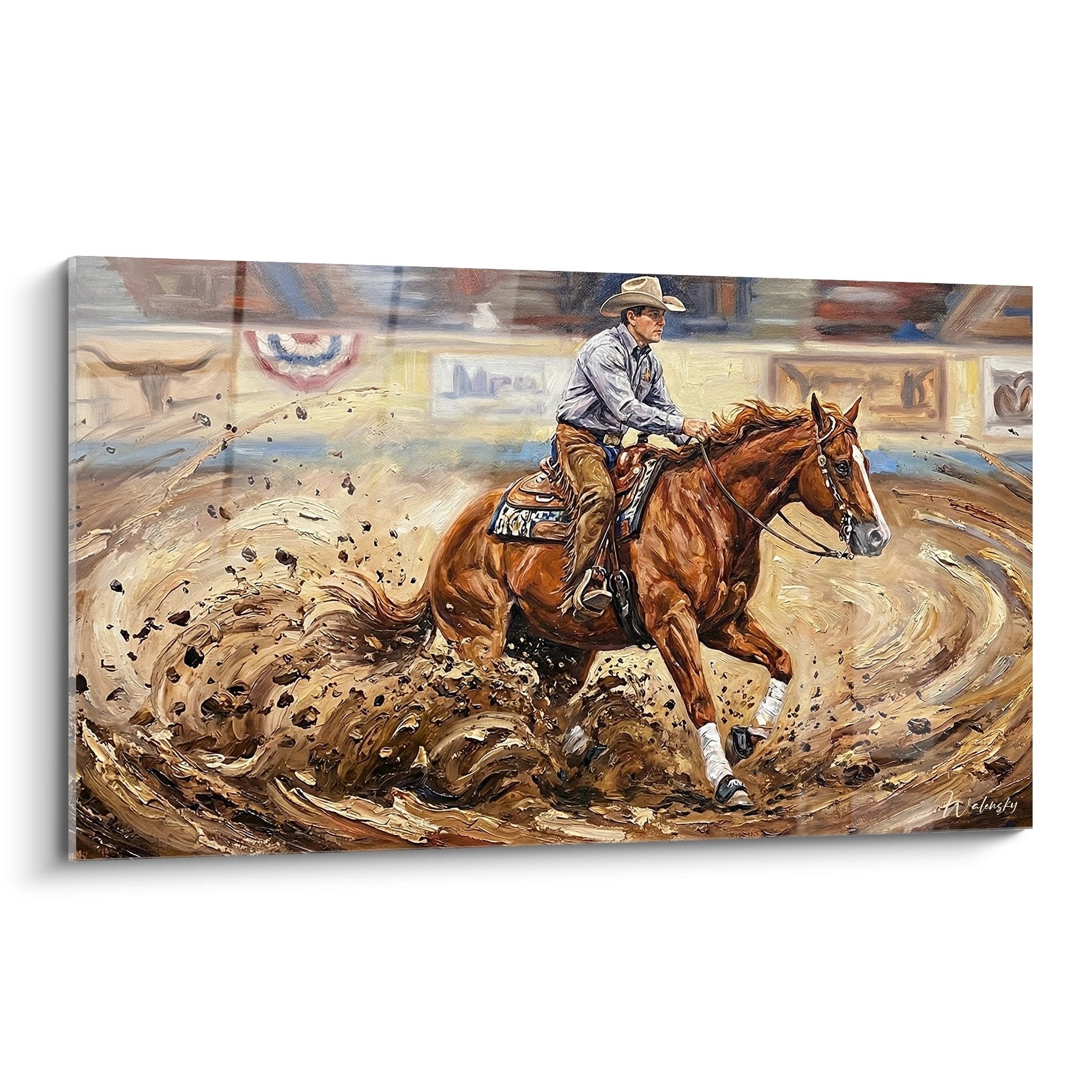 Dynamisches Wandbild eines Rodeo-Reiters auf braunem Pferd in staubiger Arena mit aufgewirbeltem Sand