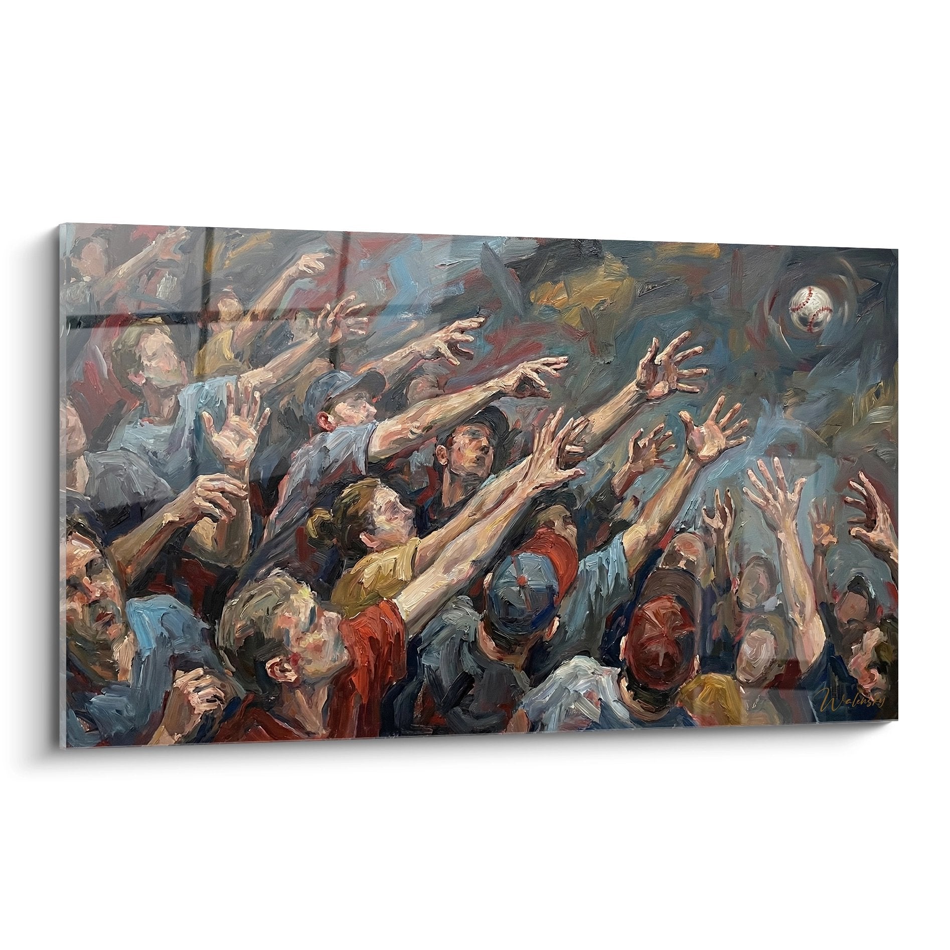 Wandbild zeigt Baseball-Fans mit ausgestreckten Händen die nach Foulball greifen, expressionistische Malerei