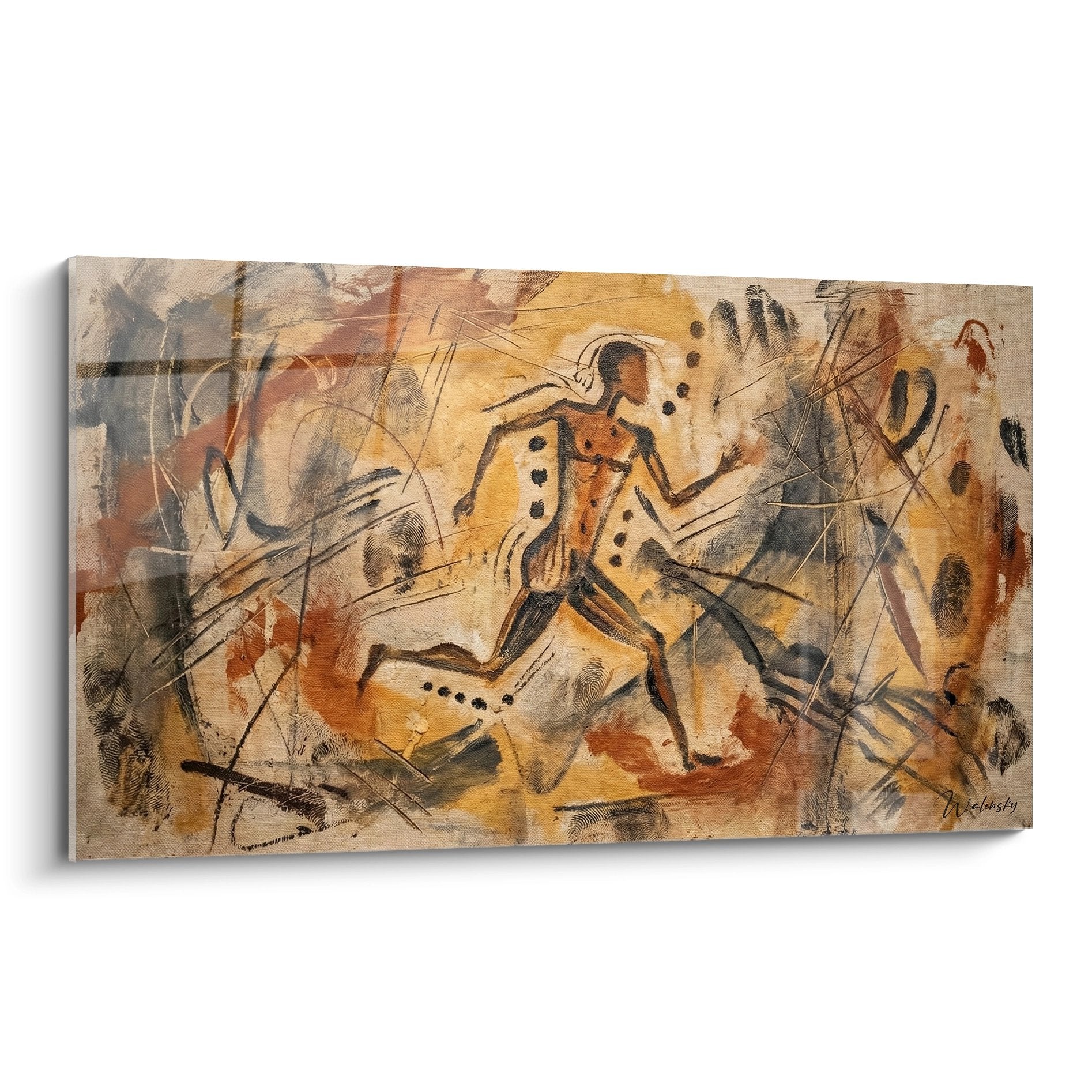 Wandbild mit Höhlenmalerei-Stil zeigt laufenden Menschen in erdigen Tönen mit prähistorischen Symbolen