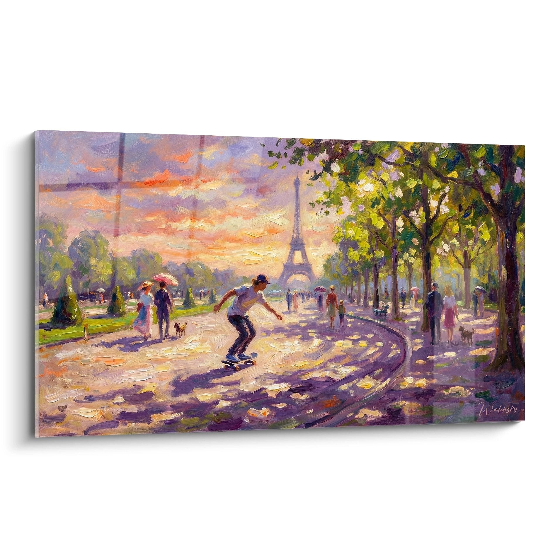Wandbild zeigt Skateboarder in Pariser Park vor Eiffelturm bei Sonnenuntergang in impressionistischem Stil