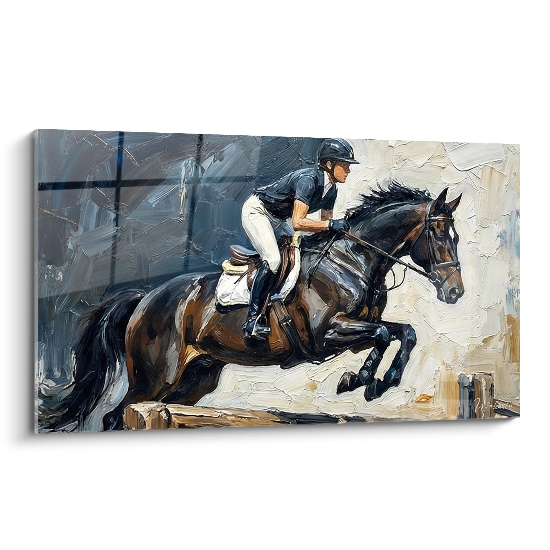 Eleganter Dressurreiter beim Sprung mit braunem Pferd - Wandbild Reitkunst für Pferdesport-Liebhaber