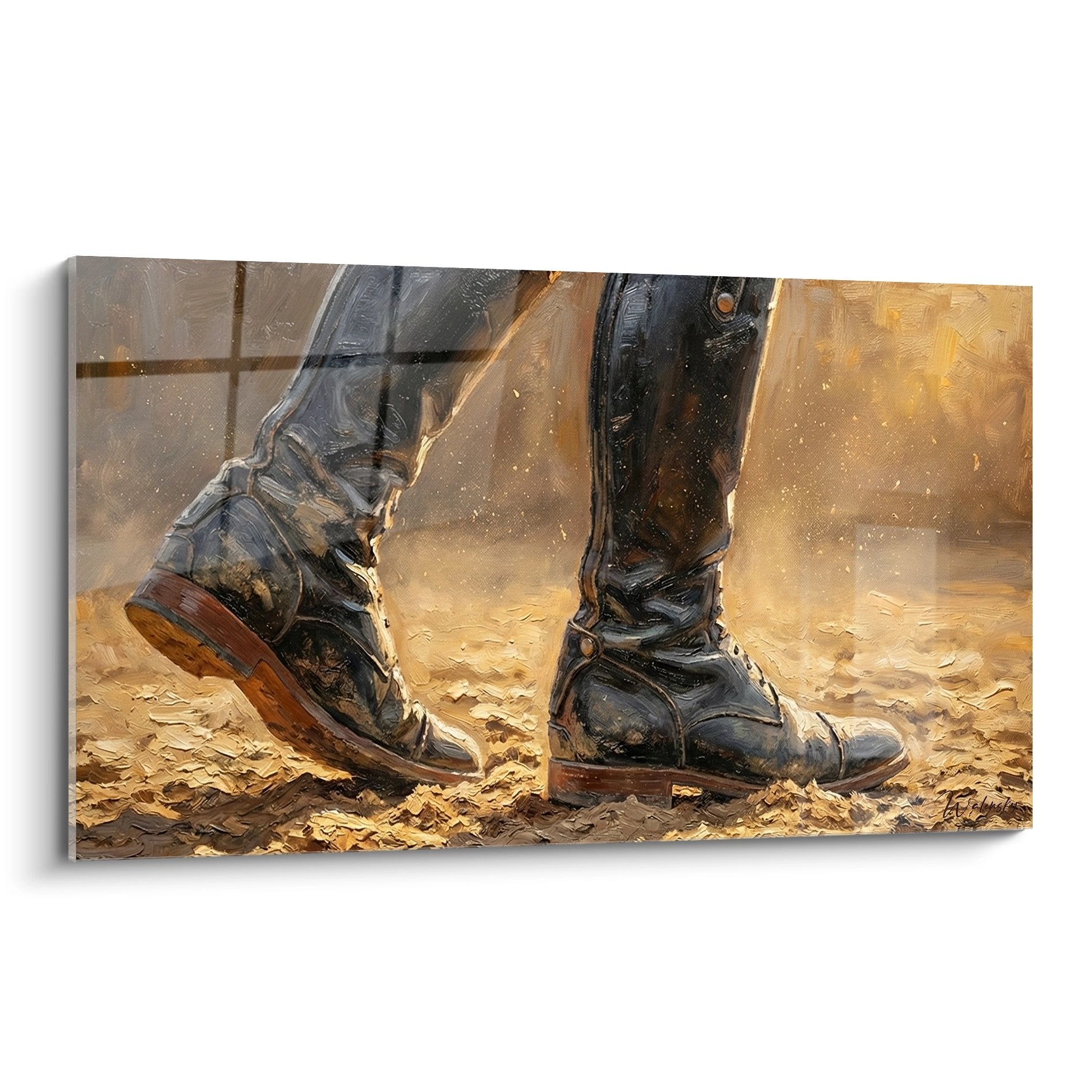 Wandbild authentische Reiterstiefel im warmen Stalllicht - Cowboy Western Kunst für Pferdeliebhaber