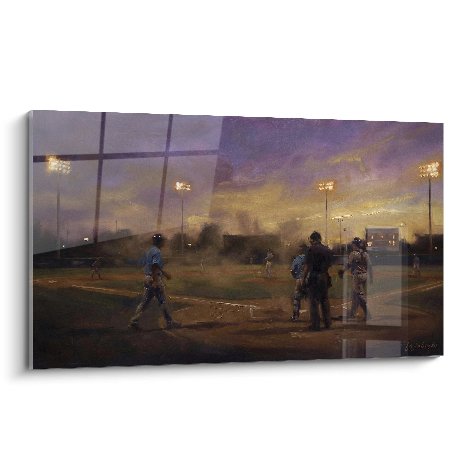 Wandbild Baseball-Spiel unter Flutlicht mit Spielern auf dem Feld während der Dämmerung