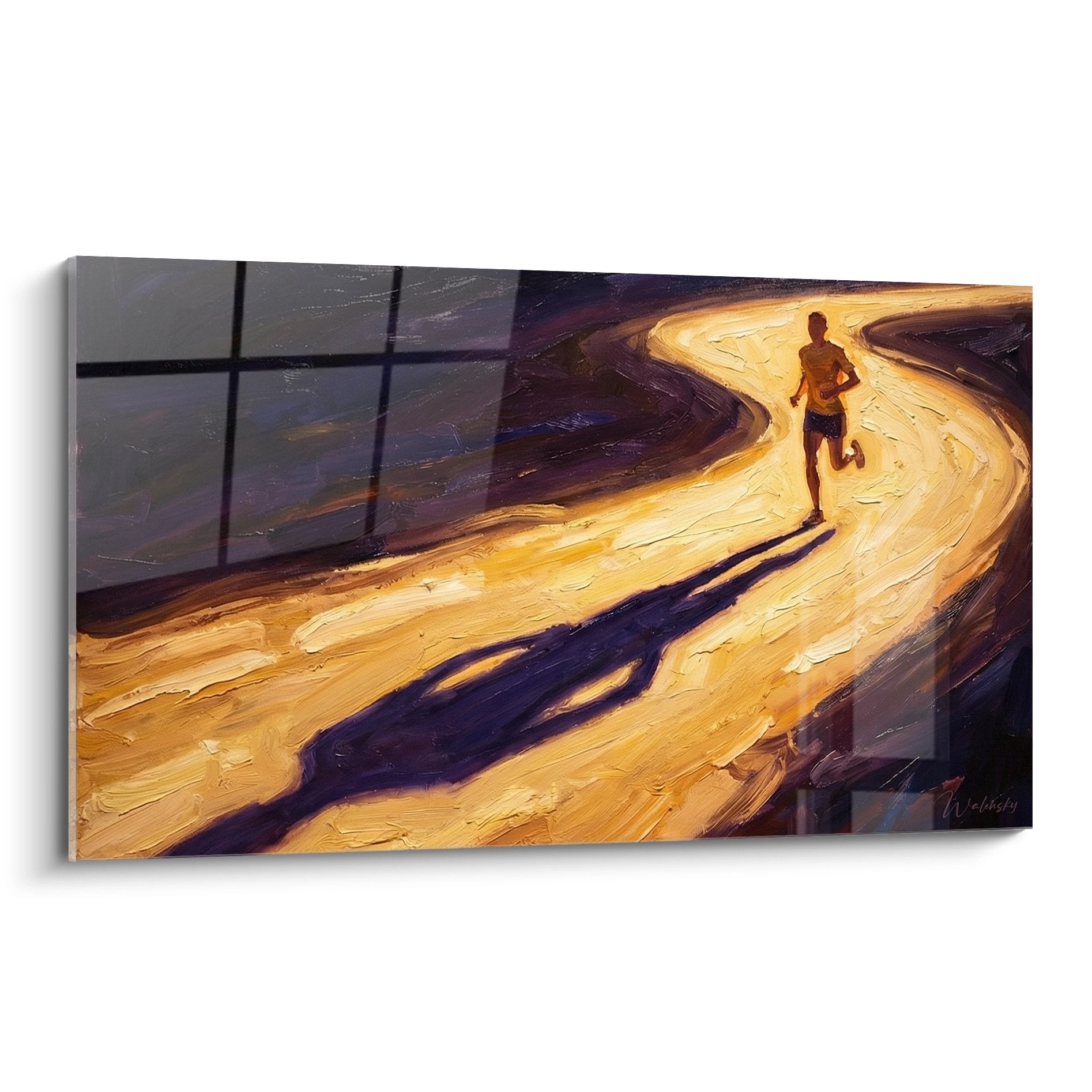 Wandbild zeigt Läufer auf goldenem leuchtenden Pfad mit dramatischen Schatten und warmen Farbtönen