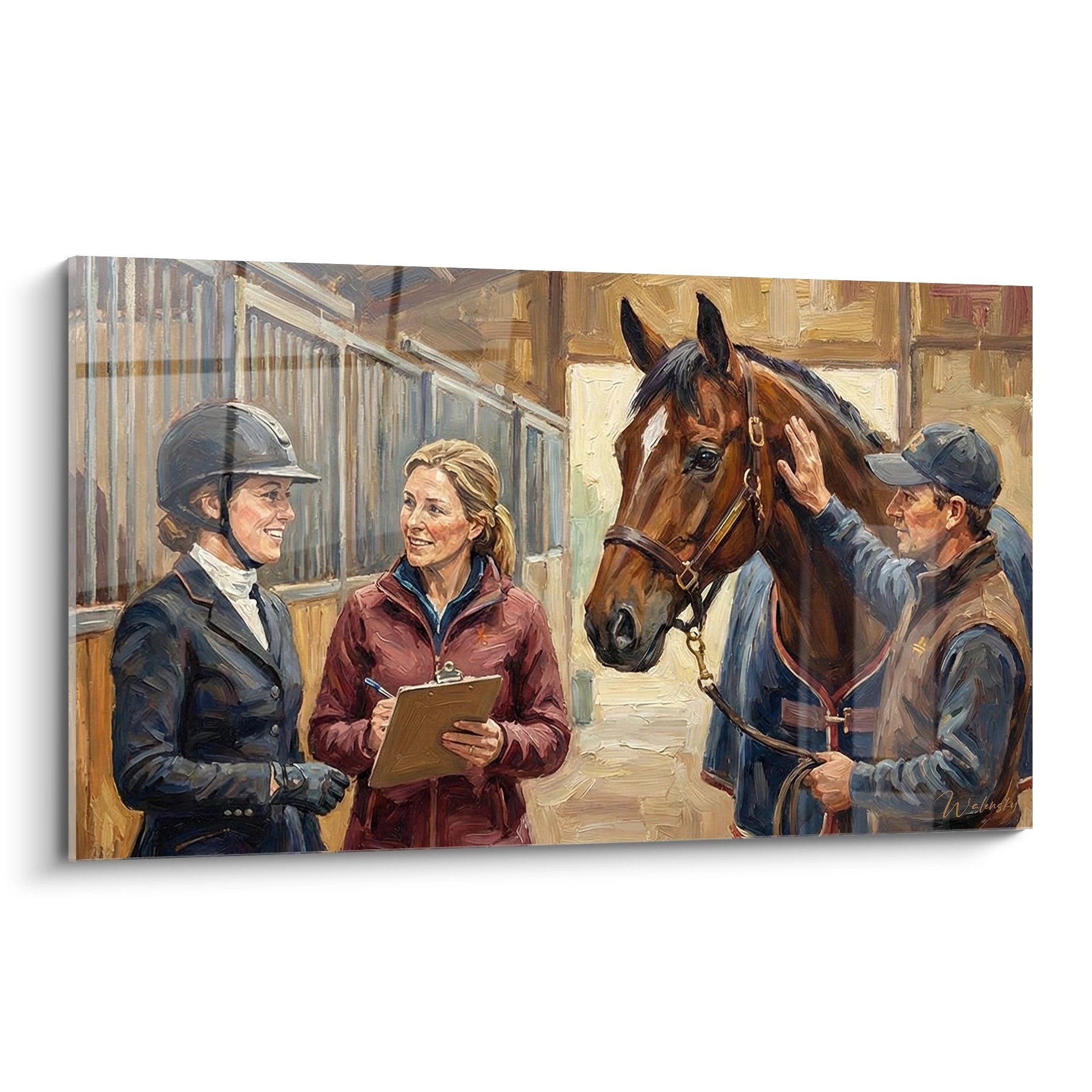 Wandbild Reitstall mit braunem Pferd und zwei Reiterinnen in warmem Stallambiente