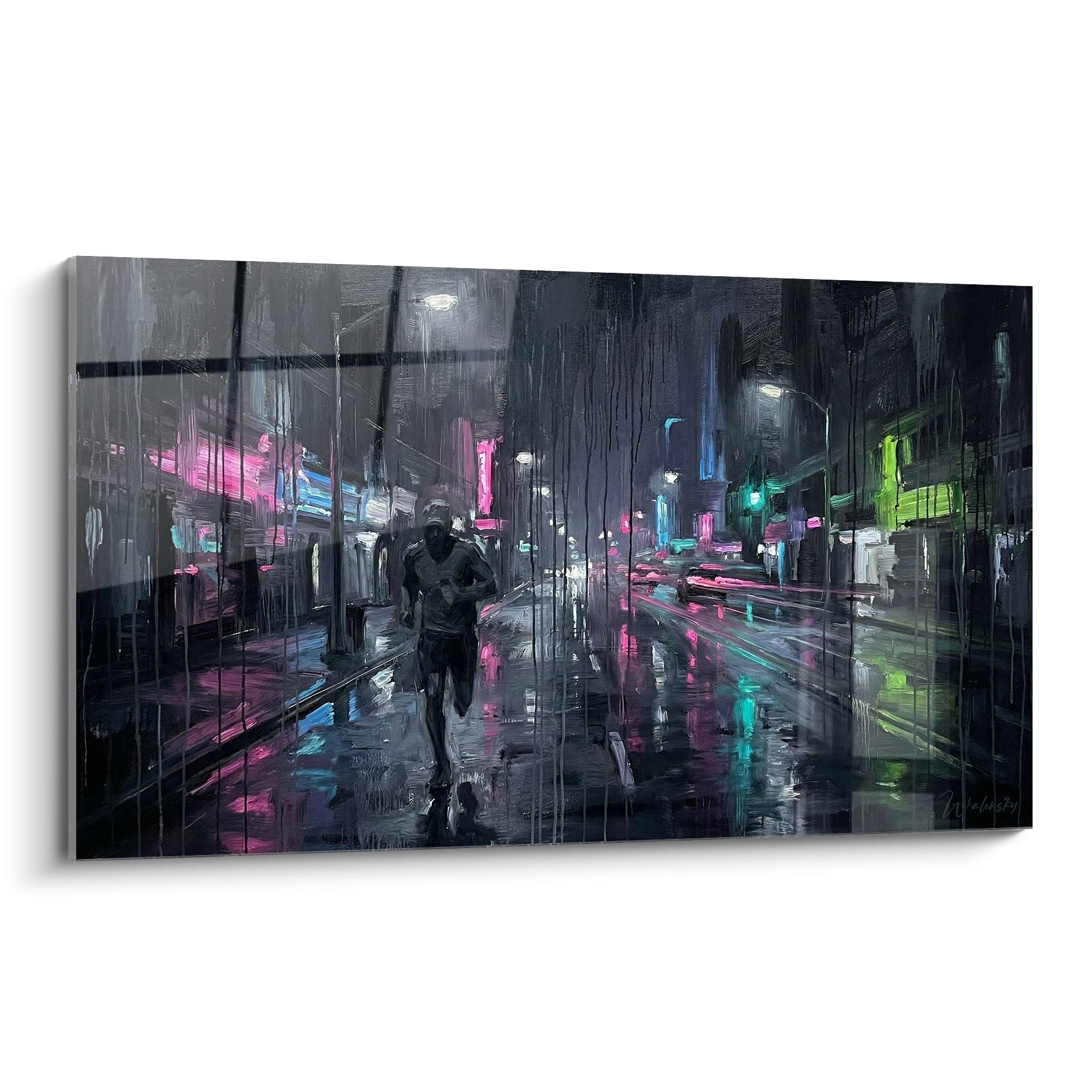 Wandbild zeigt Läufer bei nächtlichem Regen in Stadt mit Neonlichtern und nassen Straßen