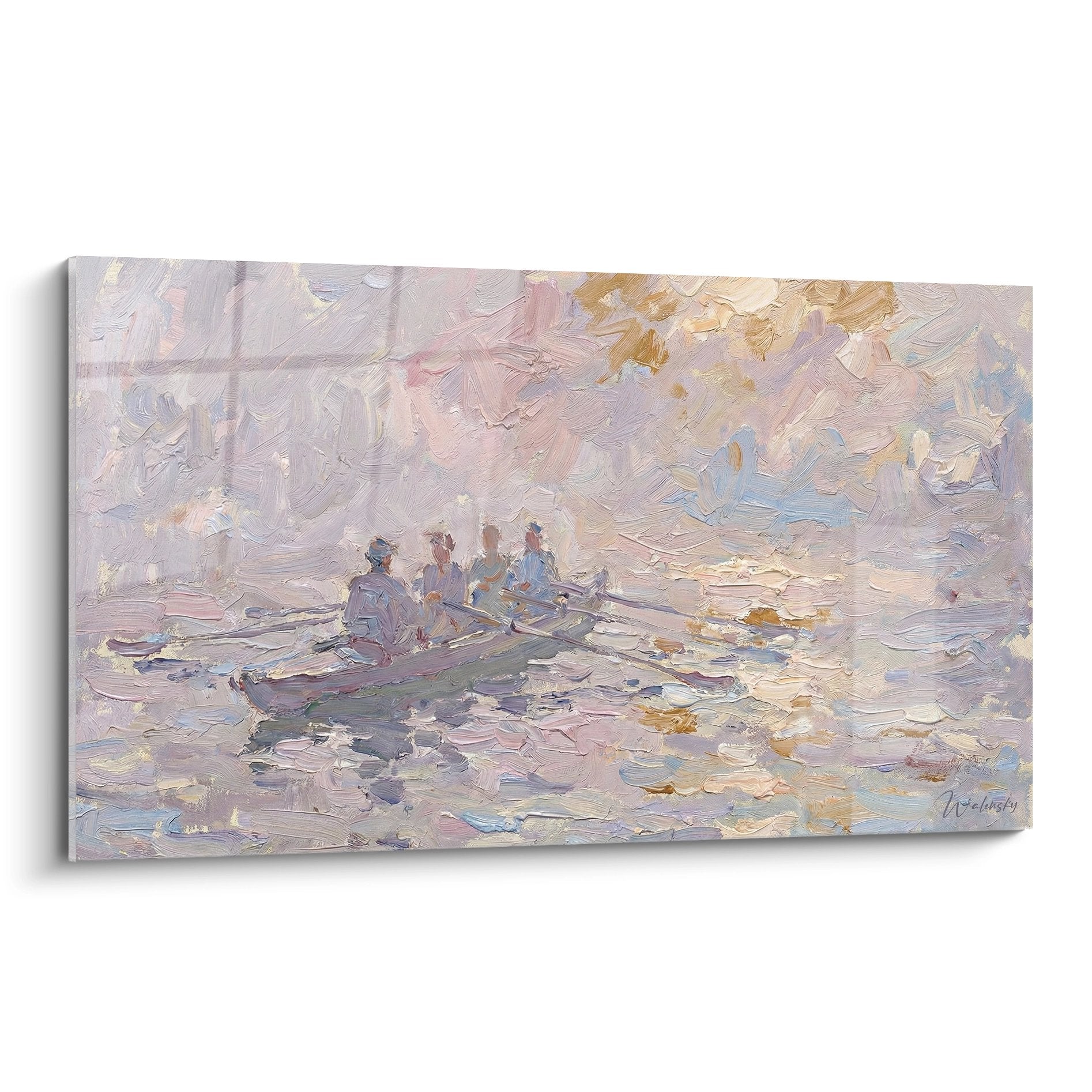 Impressionistisches Wandbild mit vier Ruderern im goldenen Morgenlicht auf ruhigem Gewässer