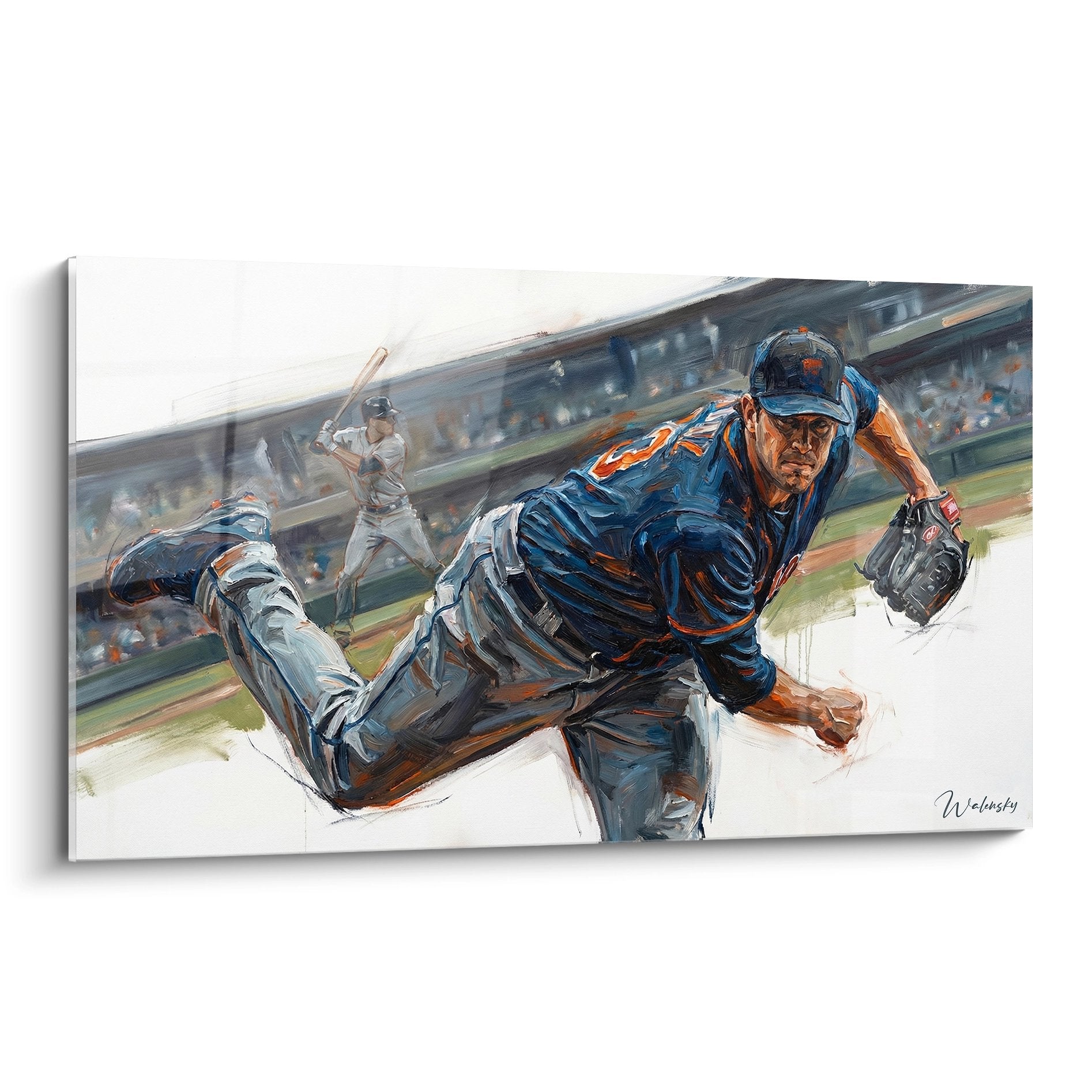 Wandbild Baseball Pitcher in blauer Uniform beim kraftvollen Wurf im Stadion