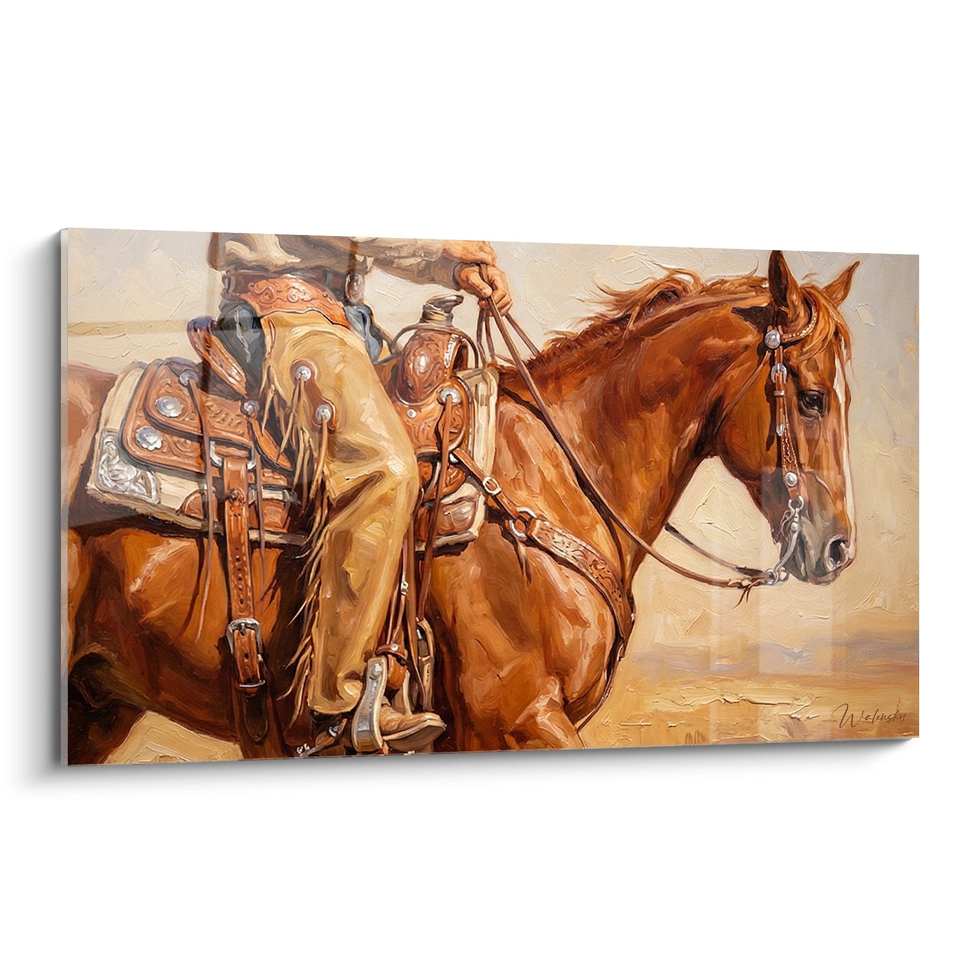 Wandbild zeigt Cowboy mit braunem Pferd und verzierten Sattelzeug in warmen Erdtönen - Western Reitsport Kunst