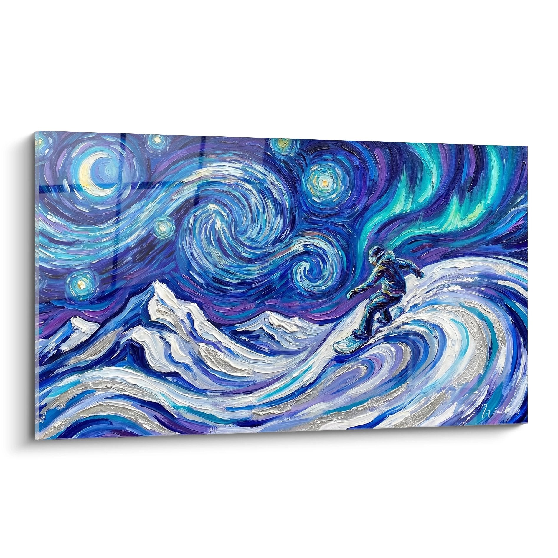 Wandbild Snowboarder unter Sternenhimmel im Van Gogh Stil mit wirbelnden blauen und türkisen Farben