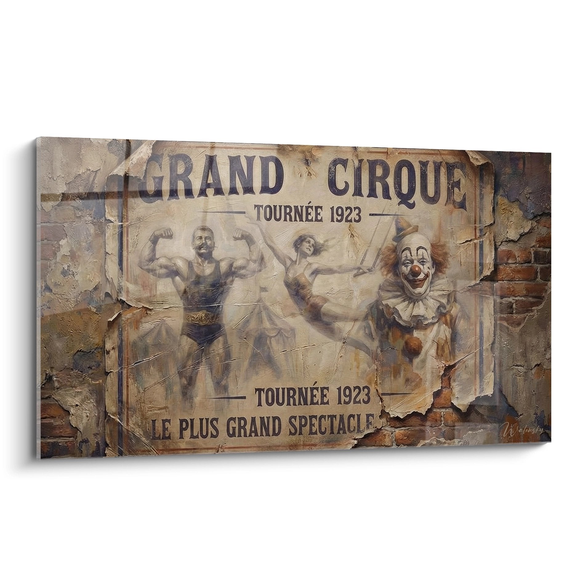 Vintage Wandbild Grand Cirque 1923 Plakat mit Strongman Artistin und Clown in nostalgischen Erdtönen