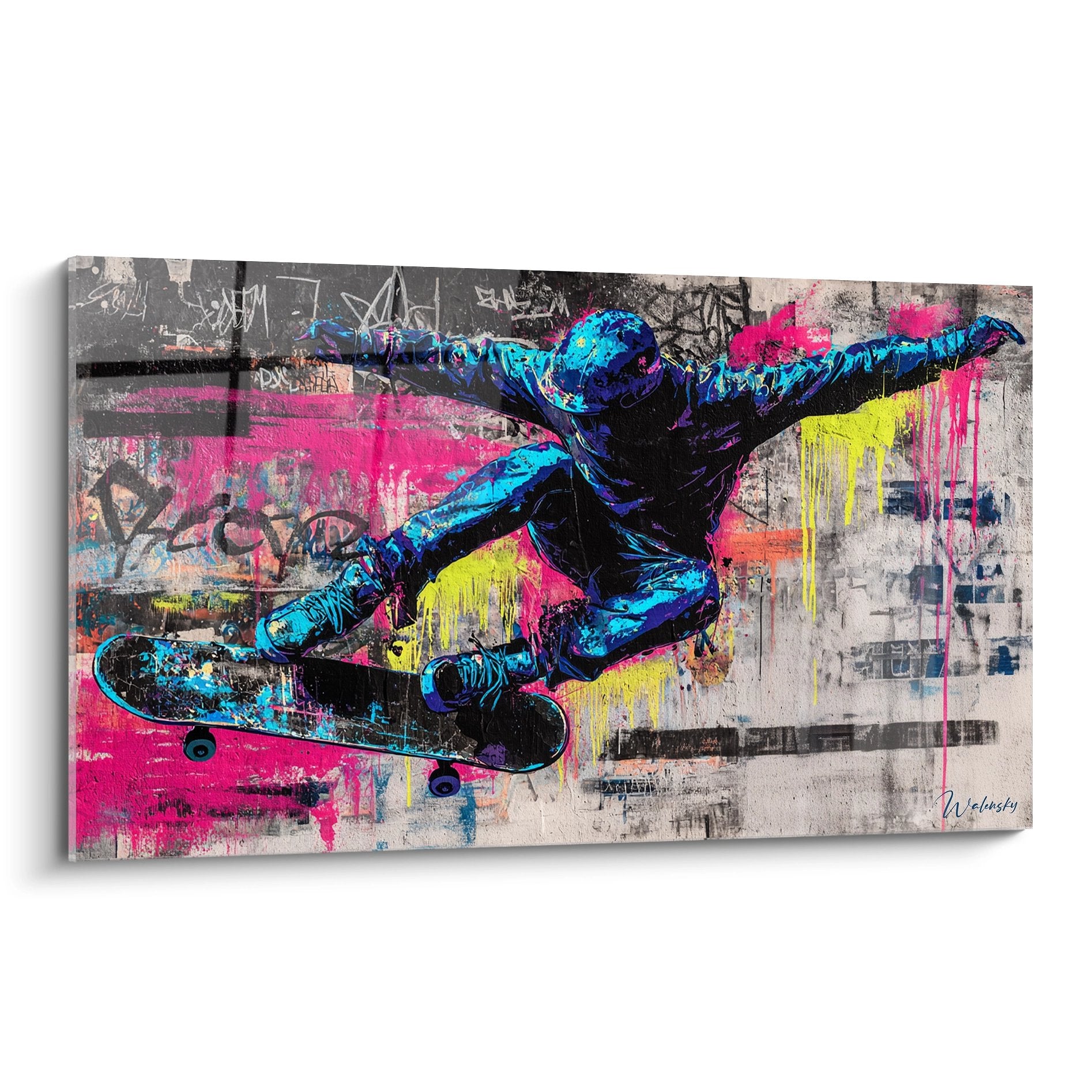 Wandbild Skateboarder im Sprung vor buntem Graffiti-Hintergrund in Blau Pink Gelb Street-Art Stil