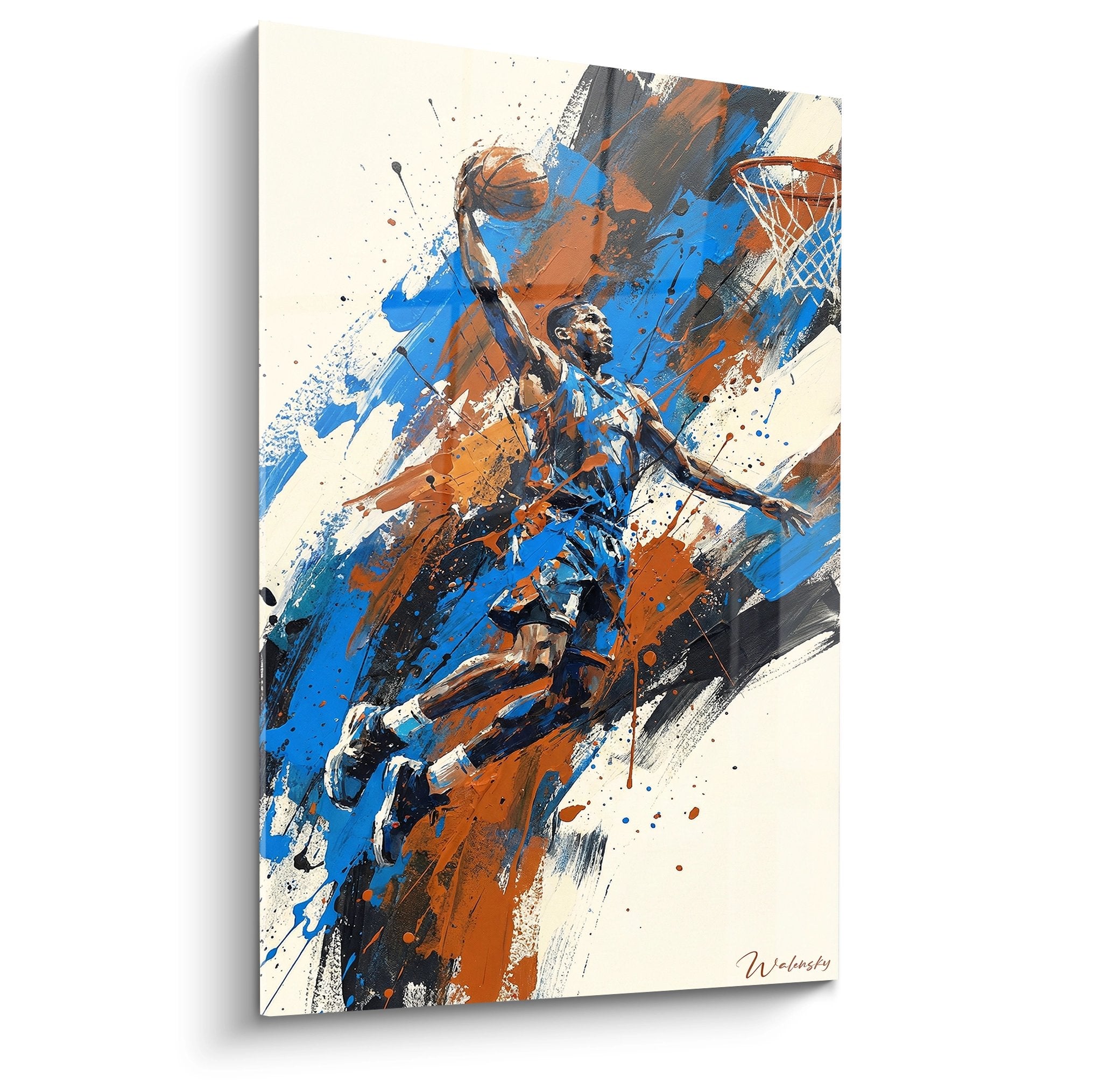 Abstraktes Wandbild Basketball Dunk mit blau-oranger Farbexplosion und dynamischer Spielerfigur