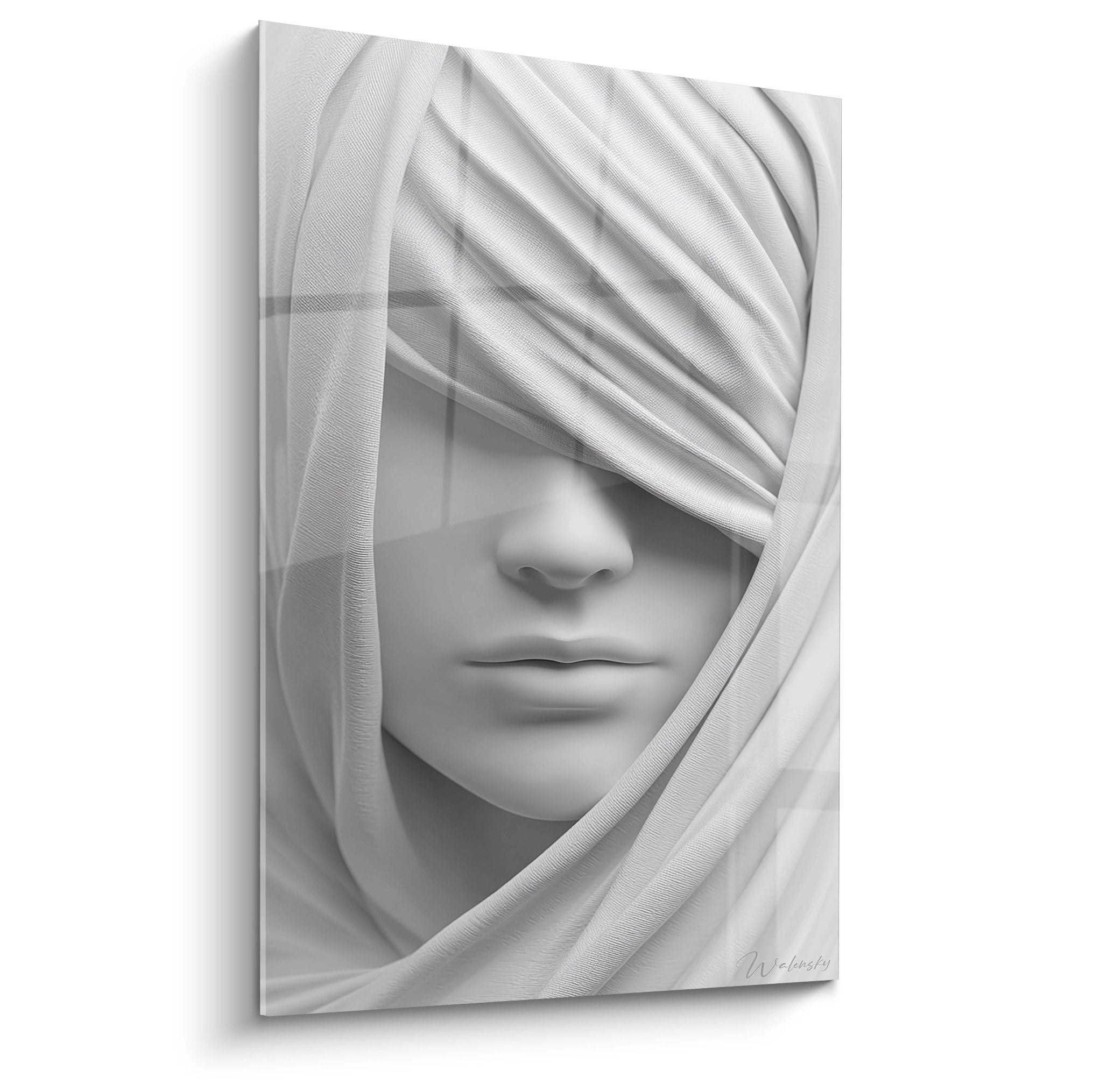 Wandbild verhülltes Gesicht mit eleganten Stoffbändern in schwarz-weiß für moderne Wanddekoration