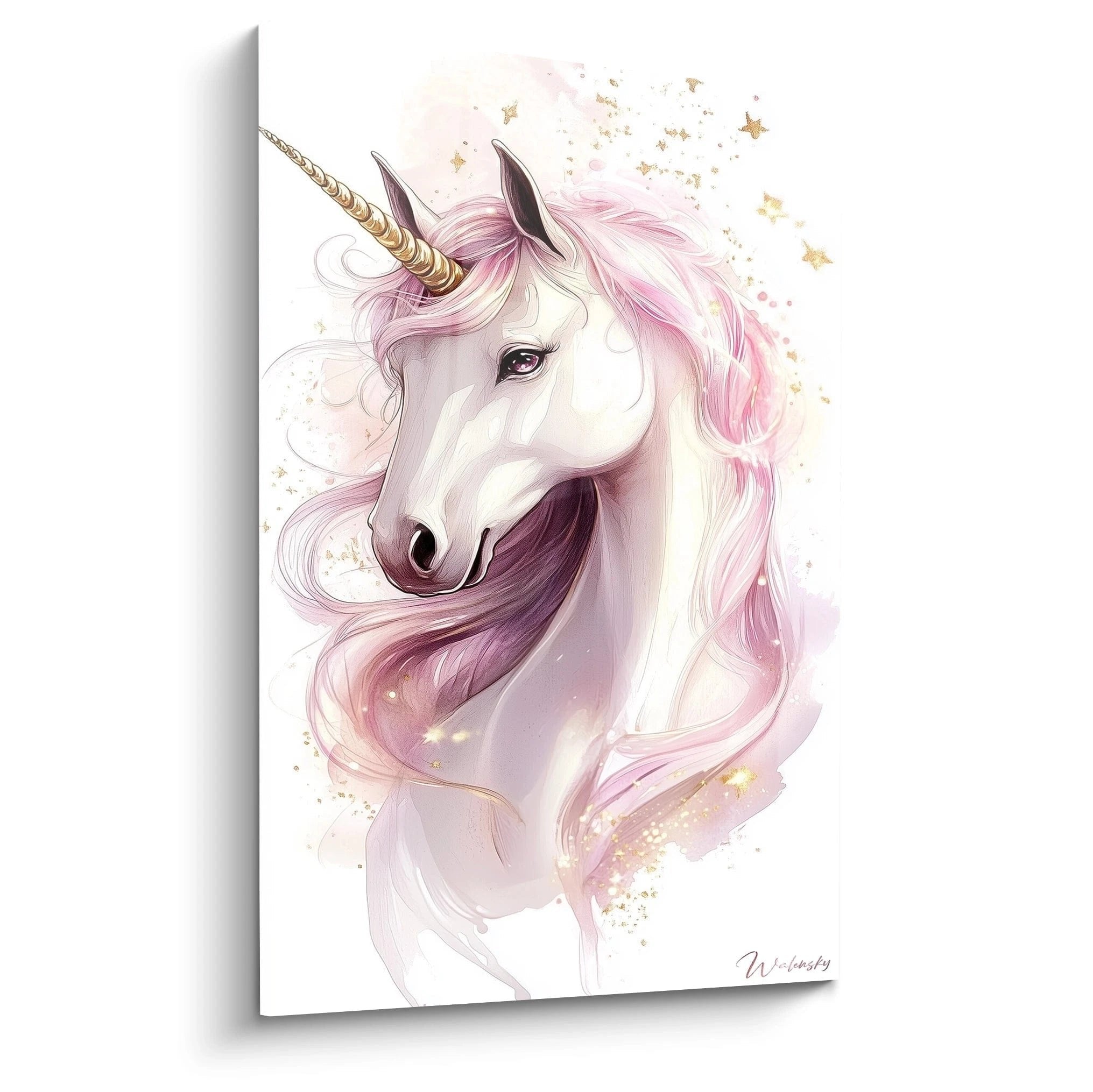 Elegantes Einhorn Wandbild mit rosa Mähne und goldenem Horn, umgeben von goldenen Sternen und Glitzerpartikeln