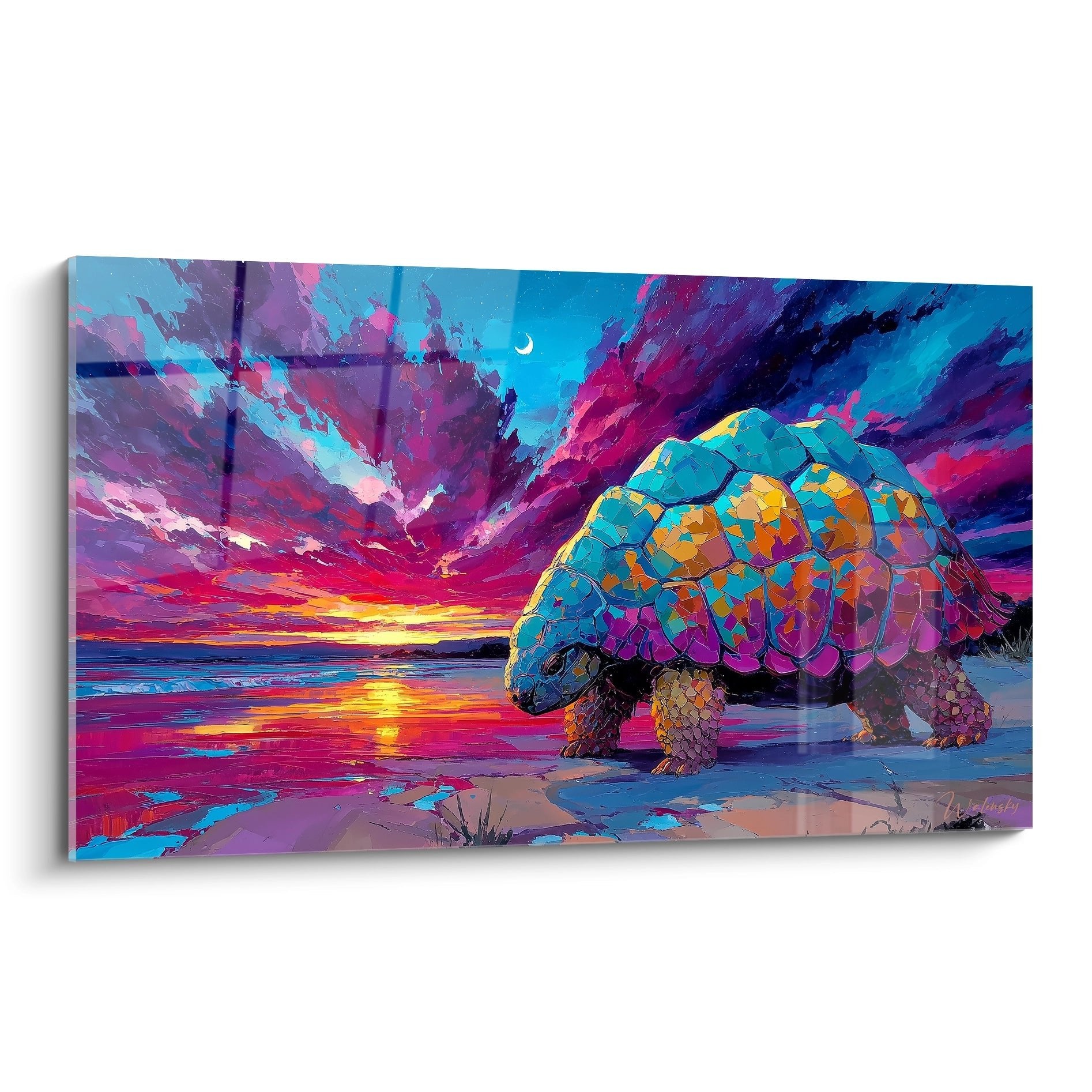 Bunter Glyptodon am Meeresufer bei spektakulärem violett-pinkem Sonnenuntergang, modernes Urzeitkunst Wandbild