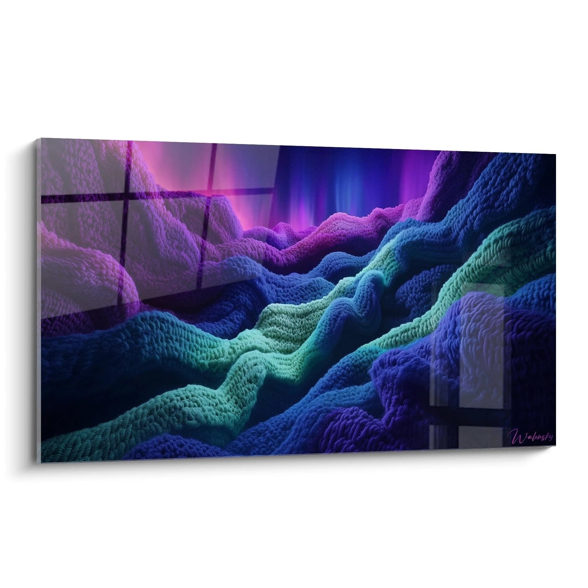 Abstraktes Wandbild mit leuchtenden Neonwellen in Pink und Blau mit einzigartiger Häkeloptik Textur