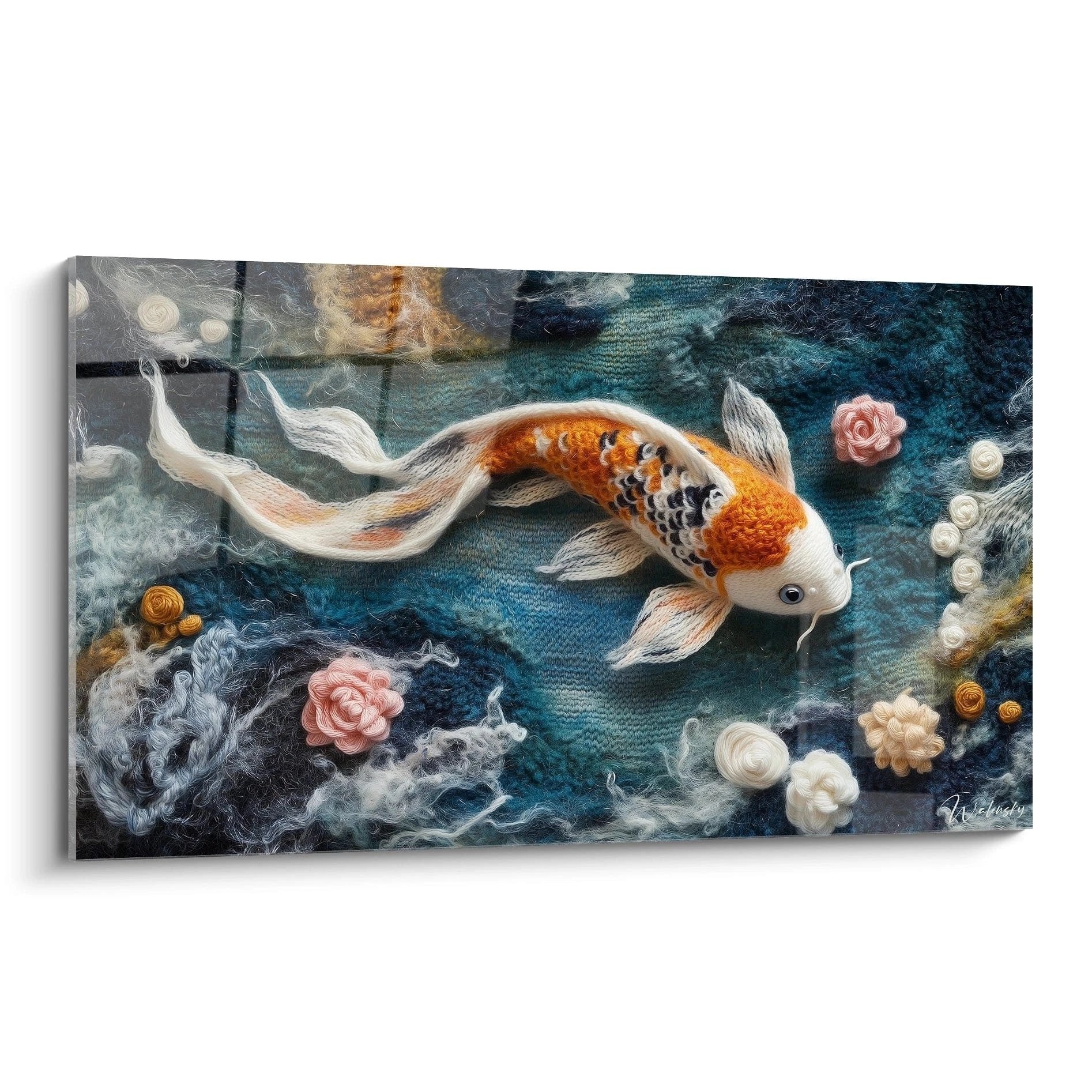 Wandbild Koi-Karpfen in Häkeloptik mit Blüten und Perlen auf türkisem Hintergrund