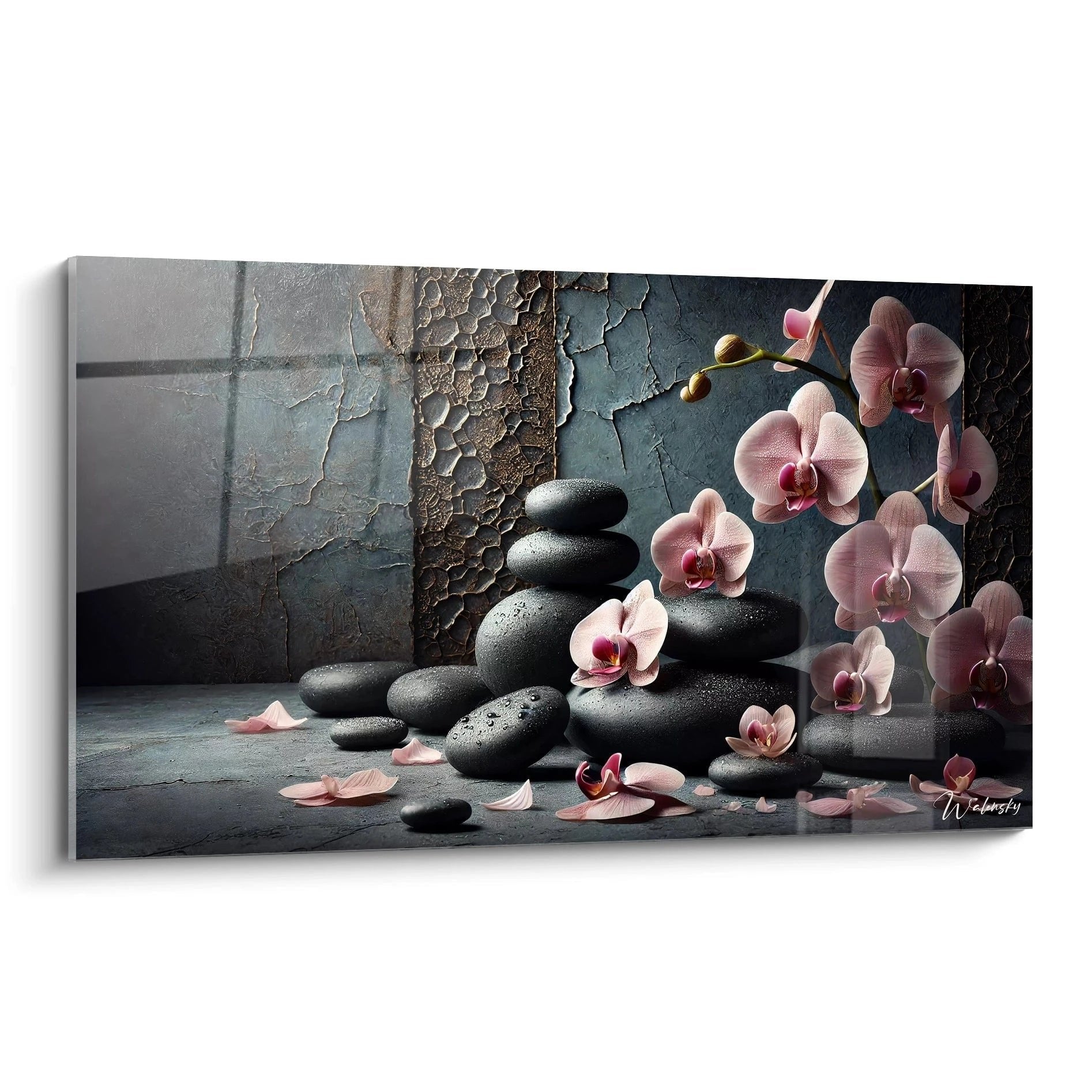 Zen-Steine gestapelt mit rosa Orchideen vor texturierter Wand, Wellness Dekoration