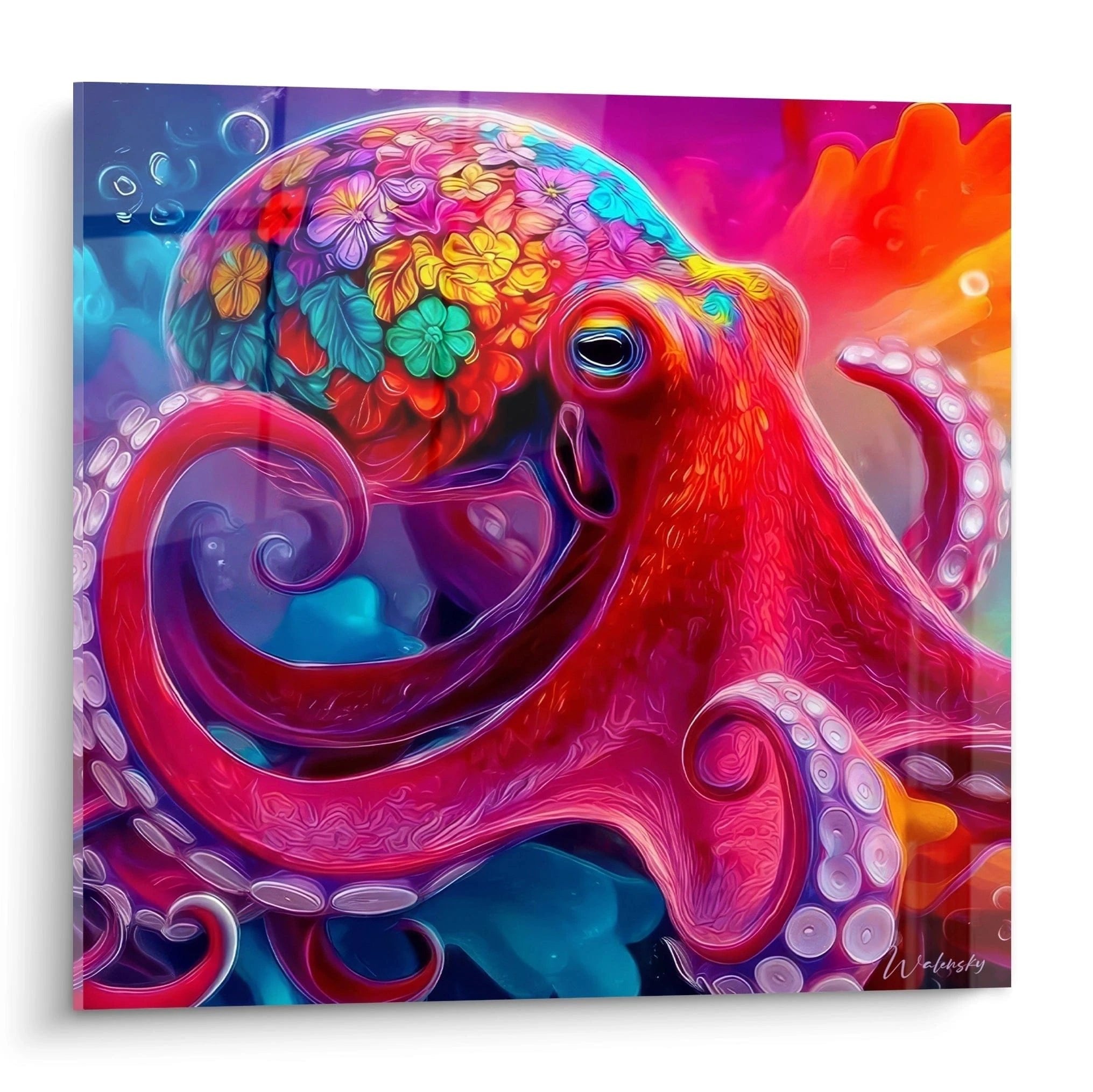 Psychedelischer Oktopus mit tropischen Blüten in leuchtenden Pink und Orange Tönen als modernes Wandbild