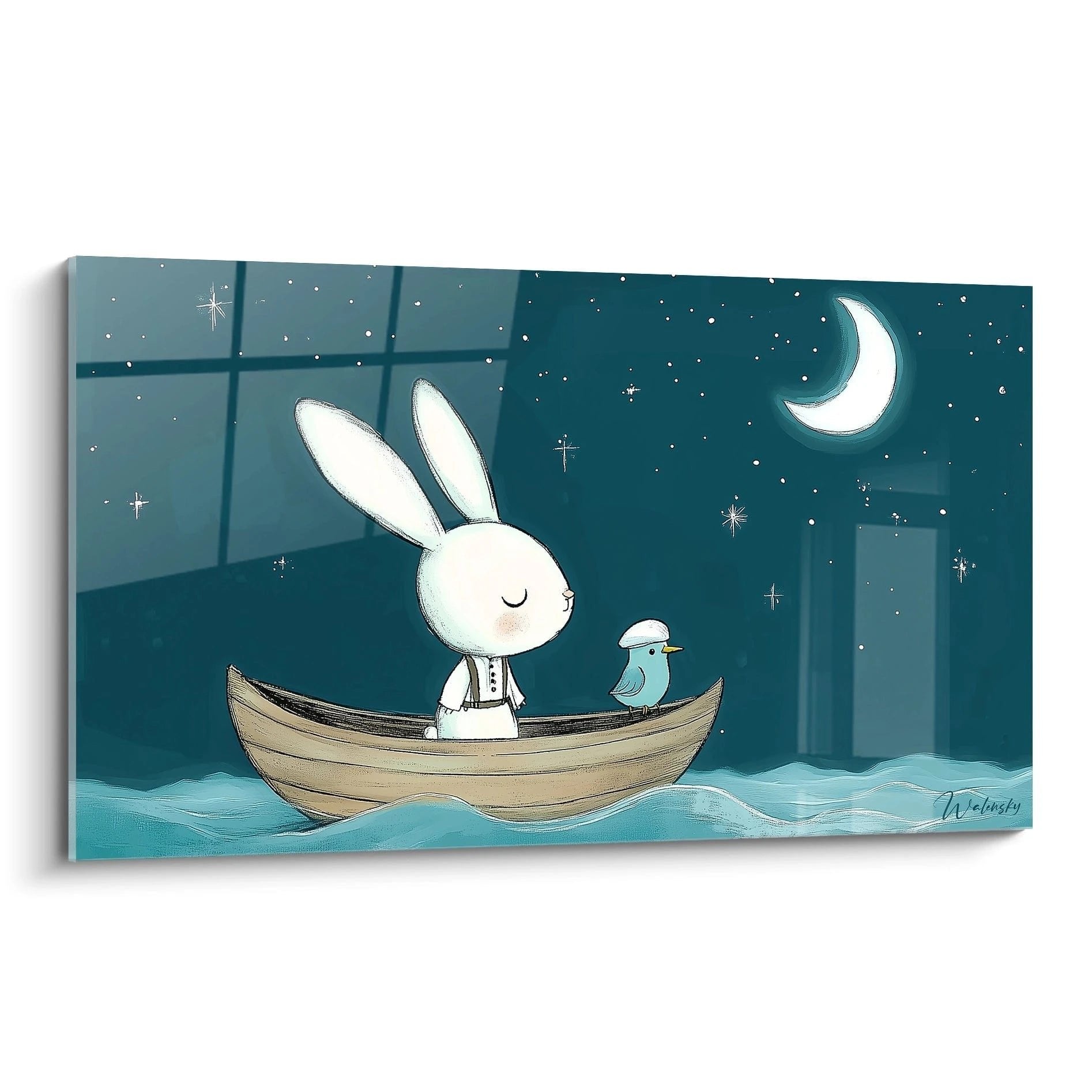 Wandbild weißer Hase mit blauem Vogel im Holzboot unter Sternenhimmel und Mond für Kinderzimmer