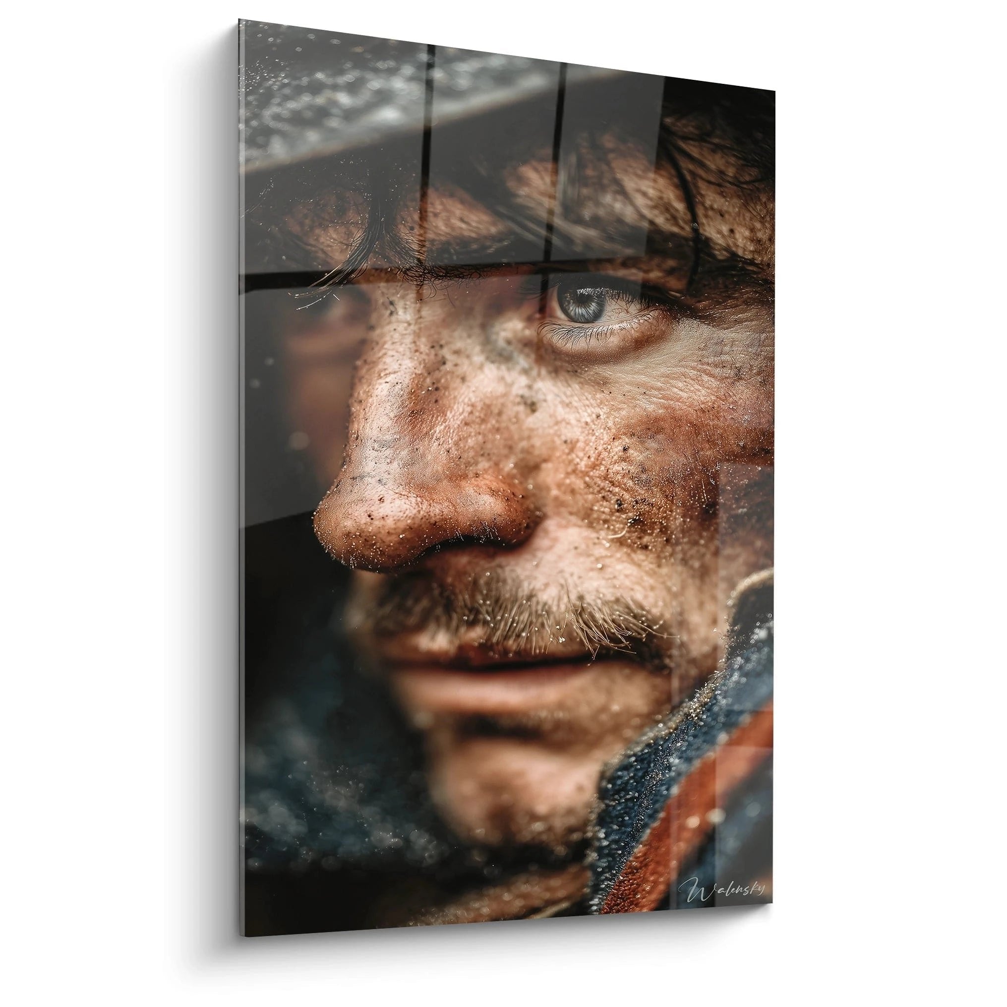 Wandbild zeigt Porträt eines Soldaten im Ersten Weltkrieg mit Stahlhelm und intensivem Blick aus den Schützengräben