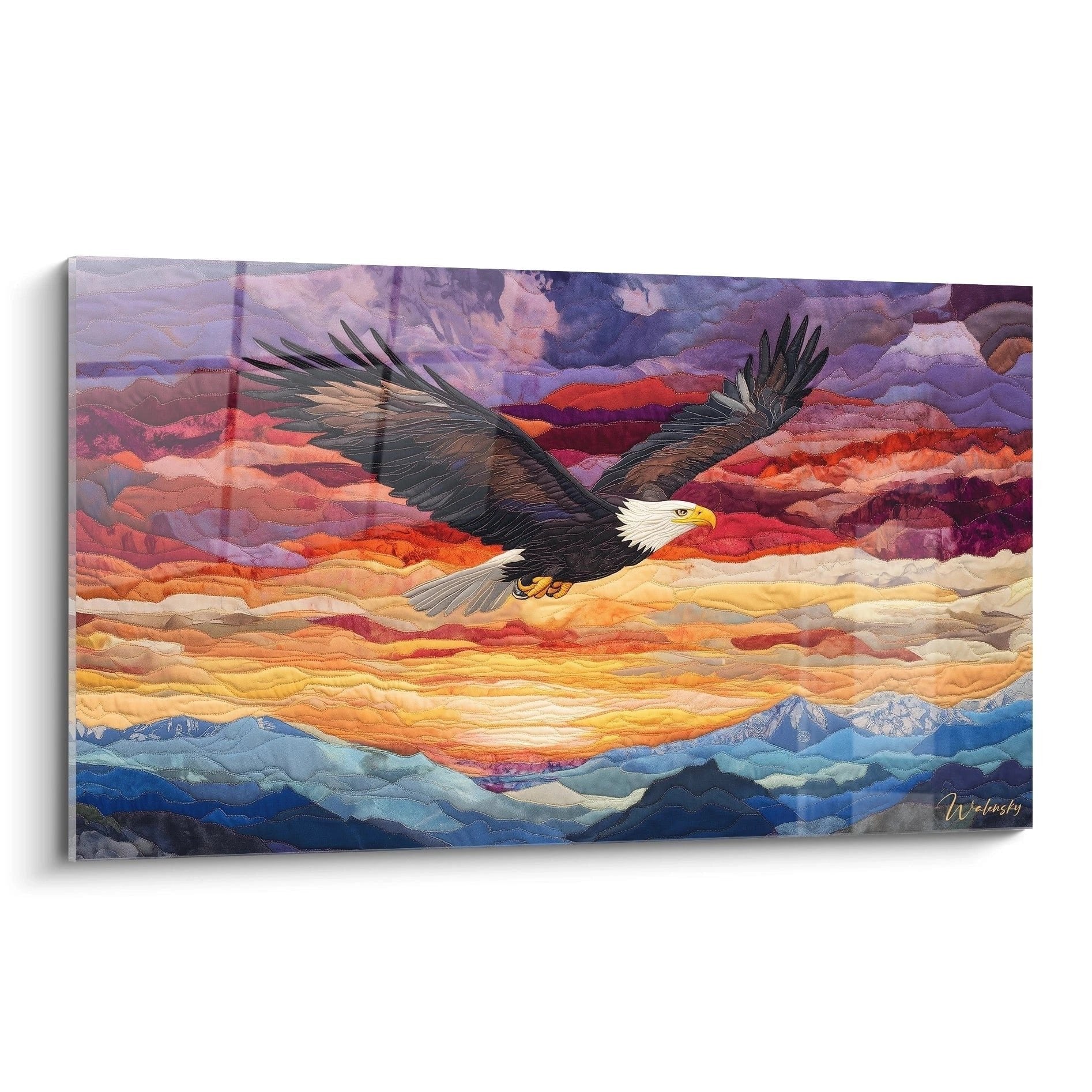 Wandbild Adler über Berglandschaft in Häkeloptik mit Sonnenuntergang und warmen Farbtönen