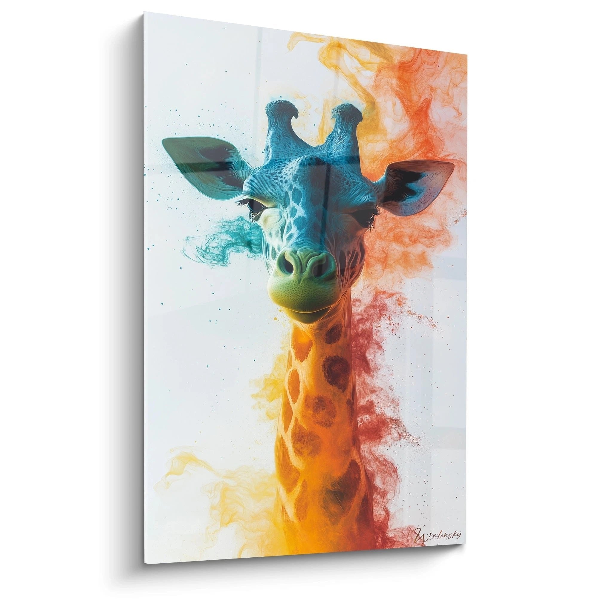 Wandbild Giraffe im Fluid Art Stil mit blauen und orangen Farbverlaeufen auf weissem Hintergrund