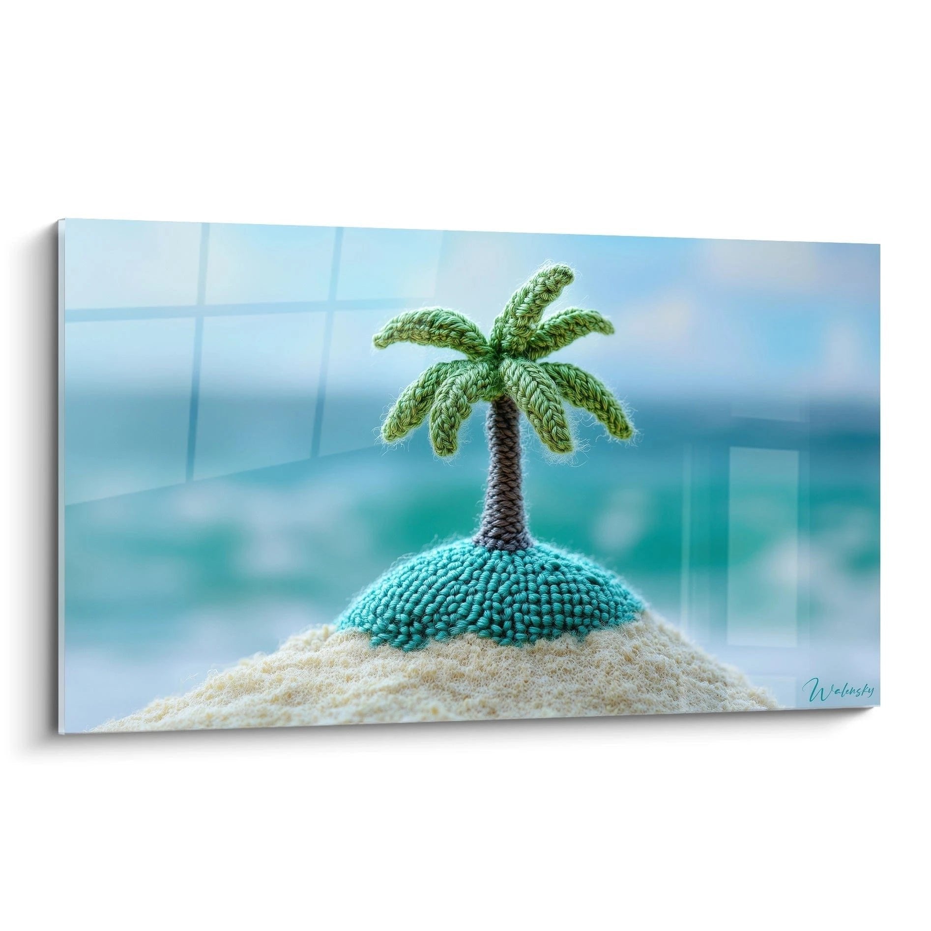 Wandbild Palme auf Insel in Häkeloptik mit türkisblauem Meer und beigem Sand