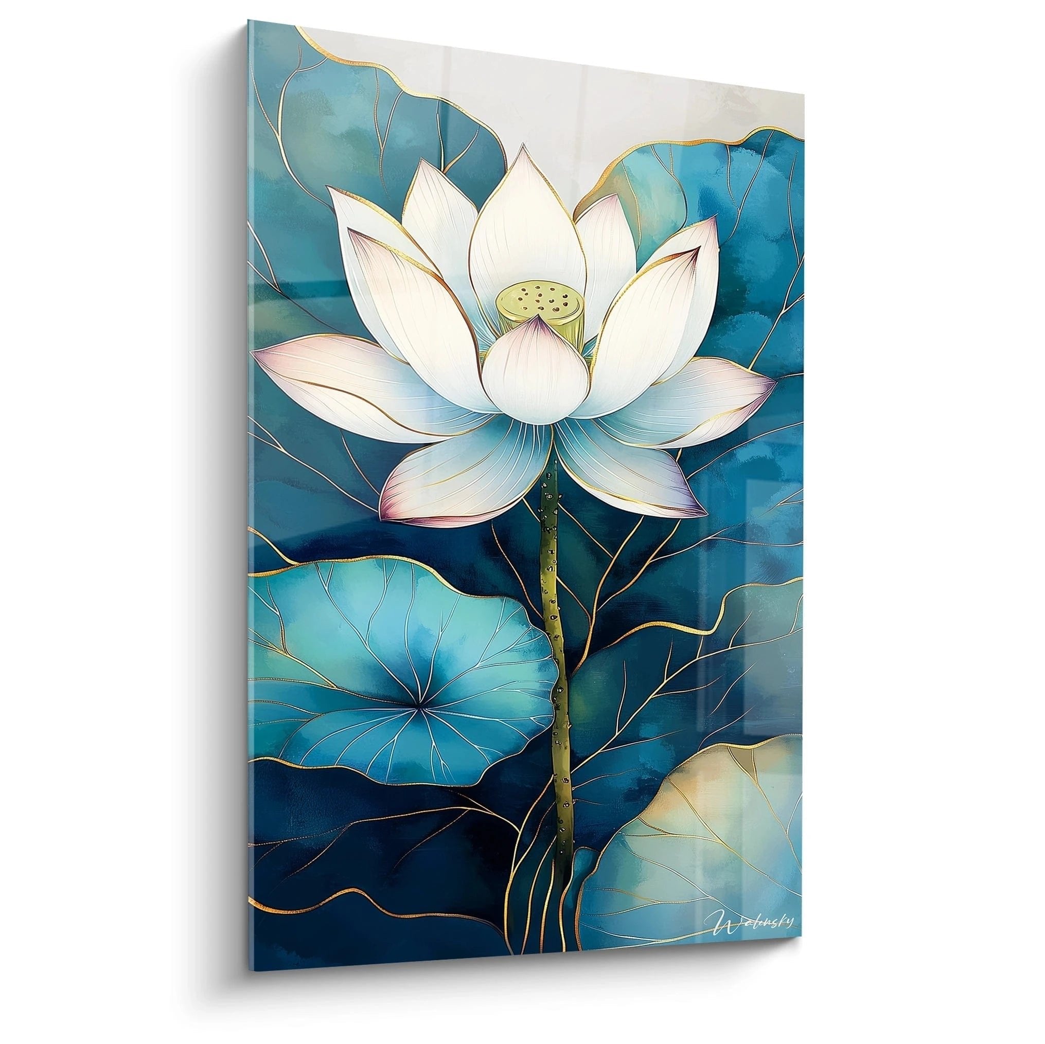 Wandbild weiße Lotusblüte auf türkisblauen Blättern mit goldenen Akzenten - moderne botanische Kunst für Wohnräume