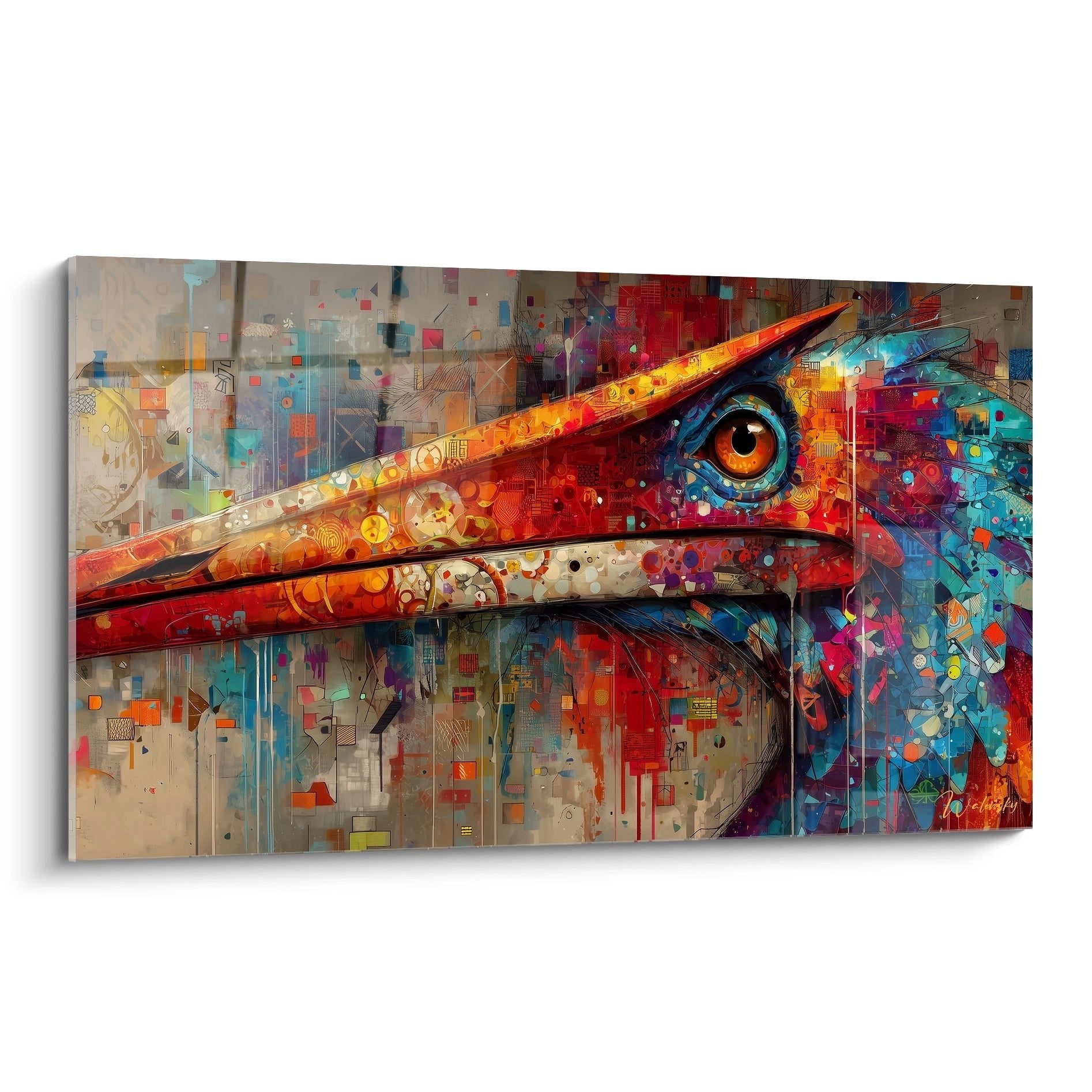 Abstraktes Wandbild Quetzalcoatlus Kopf mit bunten geometrischen Formen und leuchtendem Auge auf Leinwand