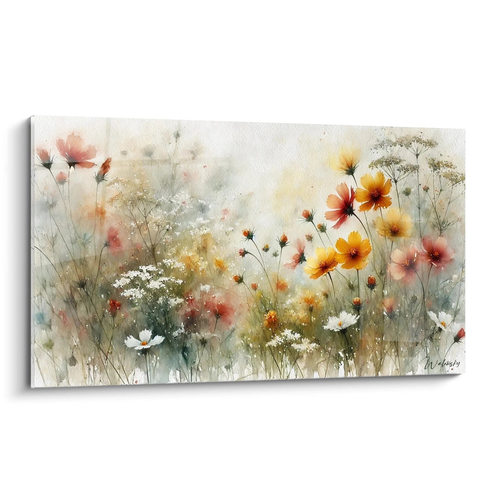 Aquarell Wandbild mit bunten Wildblumen wie Cosmos und Mohn auf Leinwand in Pastellfarben