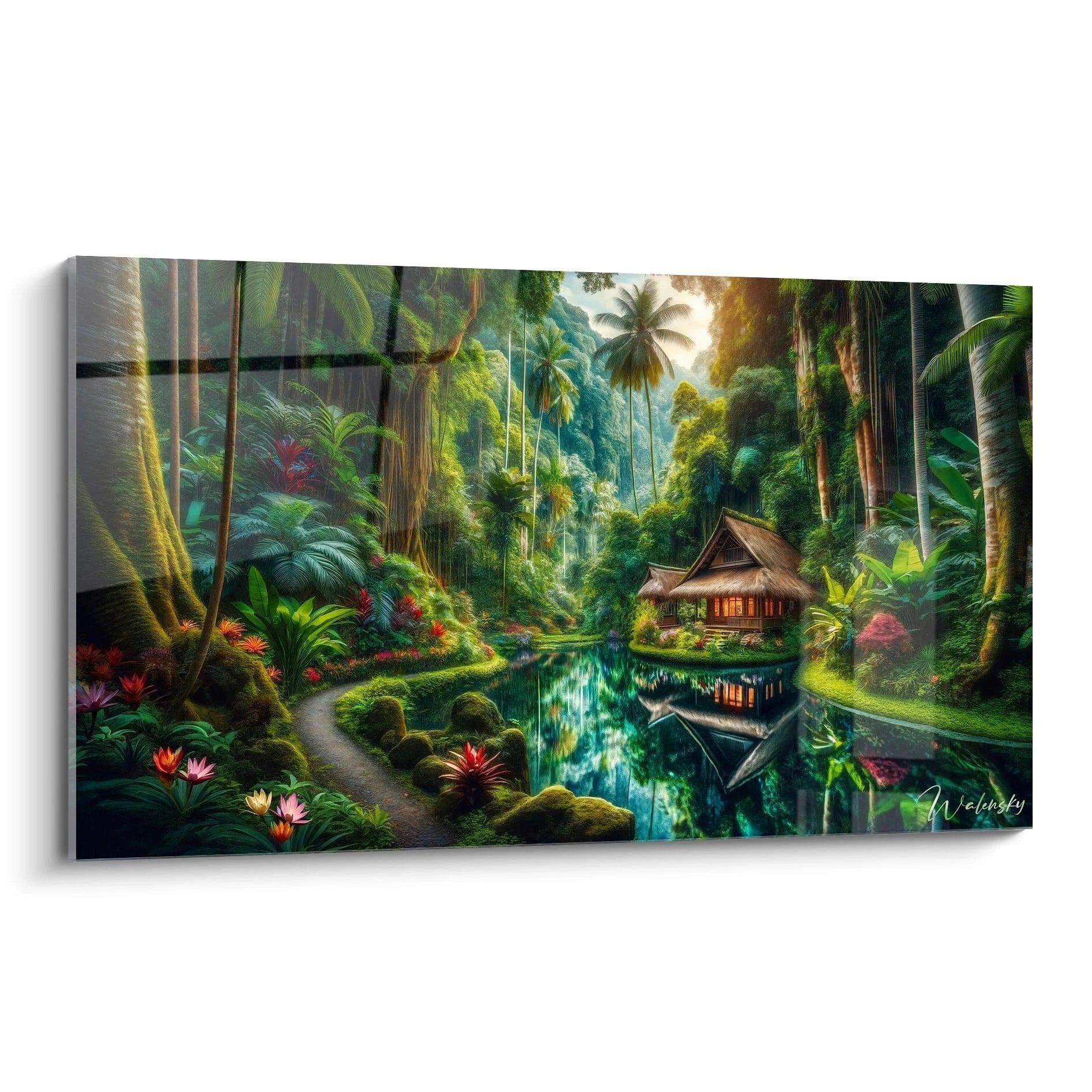 Wandbild tropisches Dschungelhaus am Fluss mit exotischen Pflanzen und Palmen im warmen Sonnenlicht