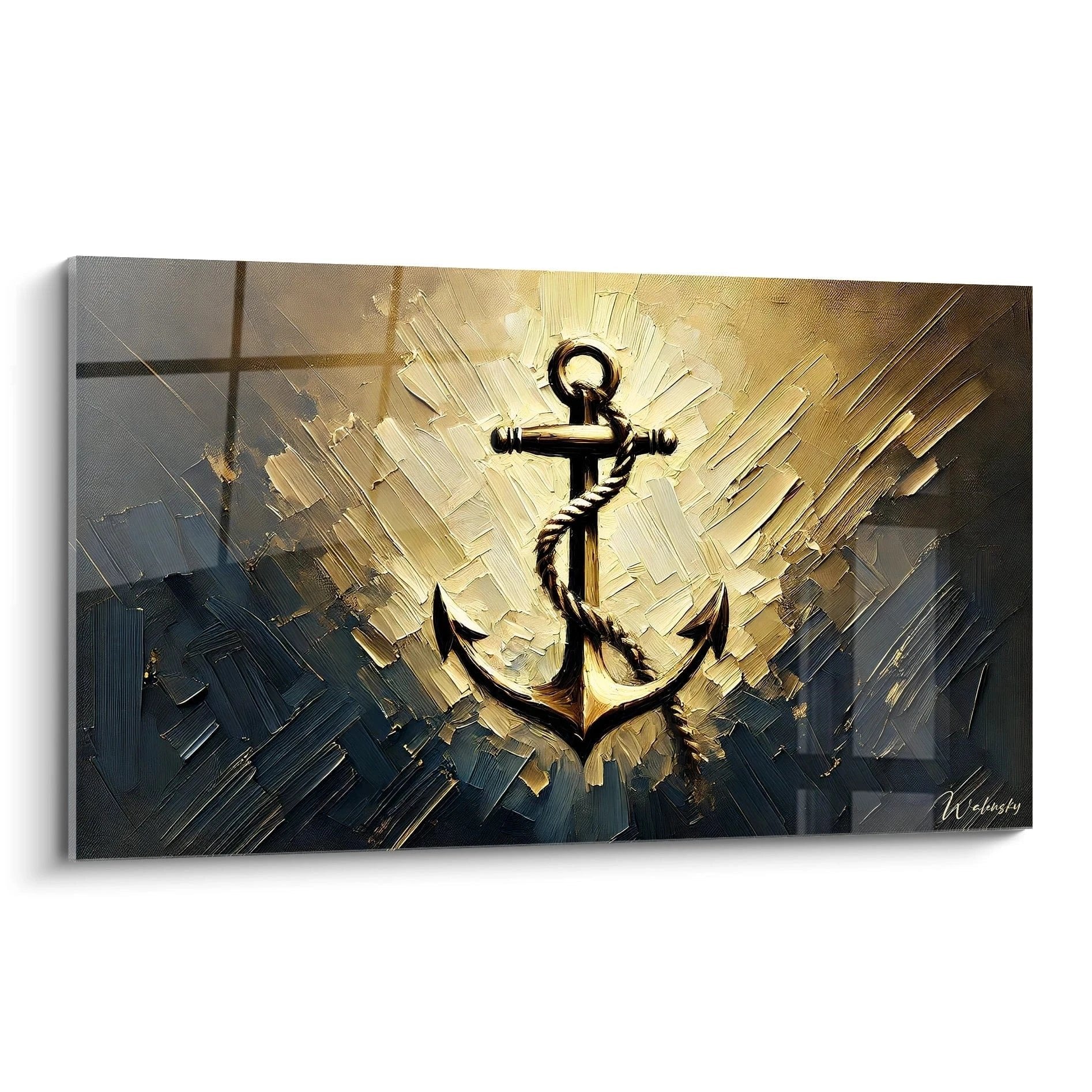 Wandbild mit goldenem Anker und Lichtstrahlen vor dramatischem blau-grauem Himmel, maritime Kunst Edition Meer