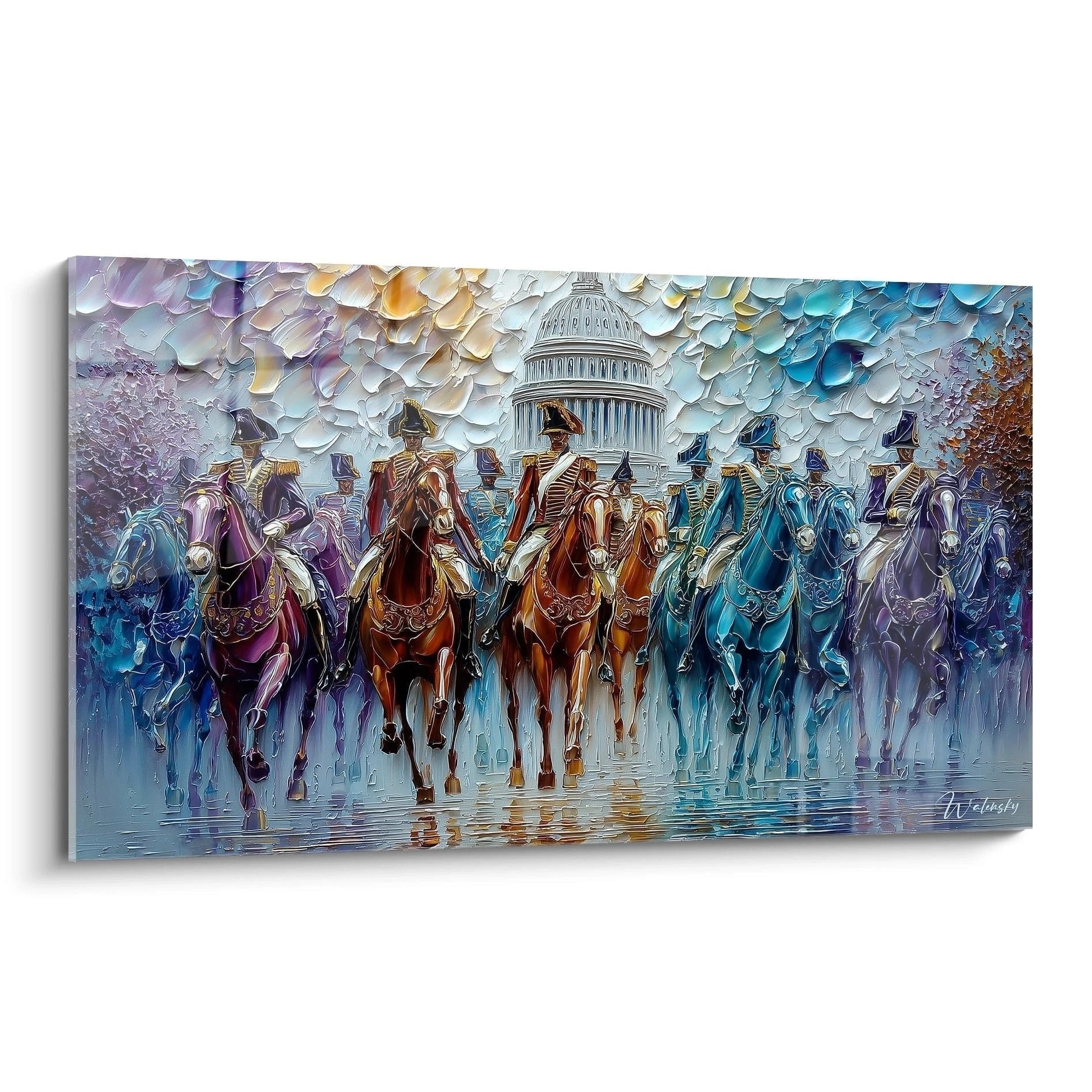 Napoleons Kavallerie in prächtigen Uniformen reitet vor dem Kapitol, kunstvolles Wandbild mit goldenen Akzenten