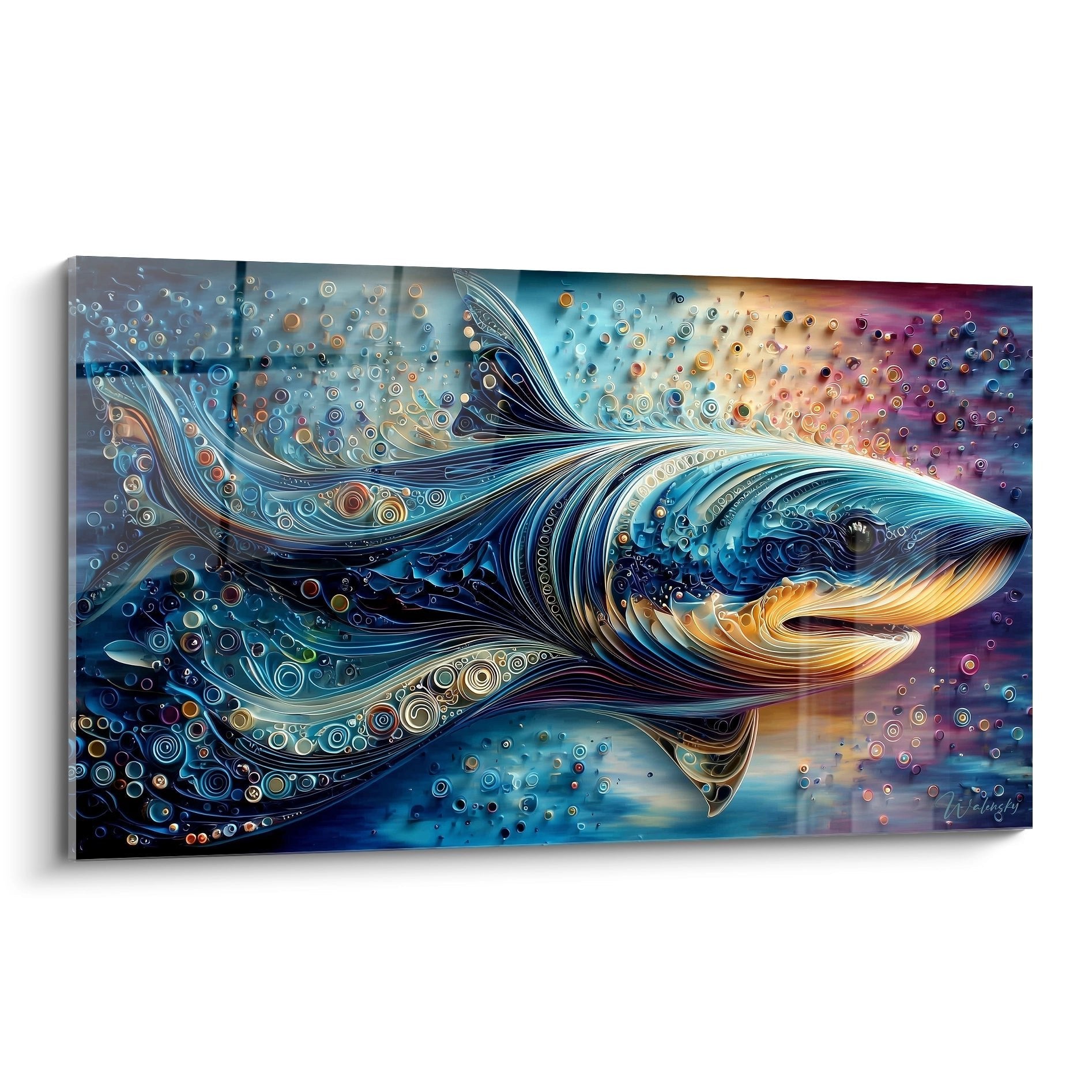 Abstraktes Wandbild eines Wals umgeben von farbigen Wirbeln und leuchtenden Partikeln