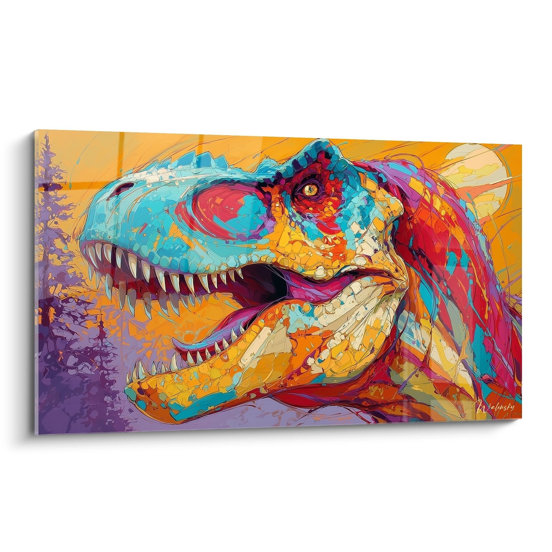 Buntes Wandbild eines T-Rex Kopfes in leuchtenden Farben - moderne Dinosaurier Kunst für die Wanddekoration