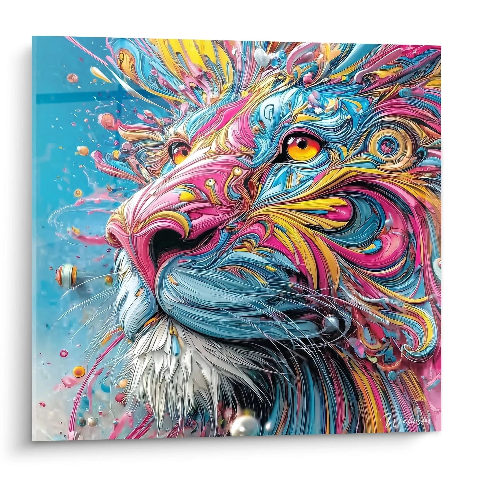 Wandbild Löwe mit explosiven Farbwirbeln in Pink Türkis Gold - Edition Farbexplosion moderne Kunstdekoration