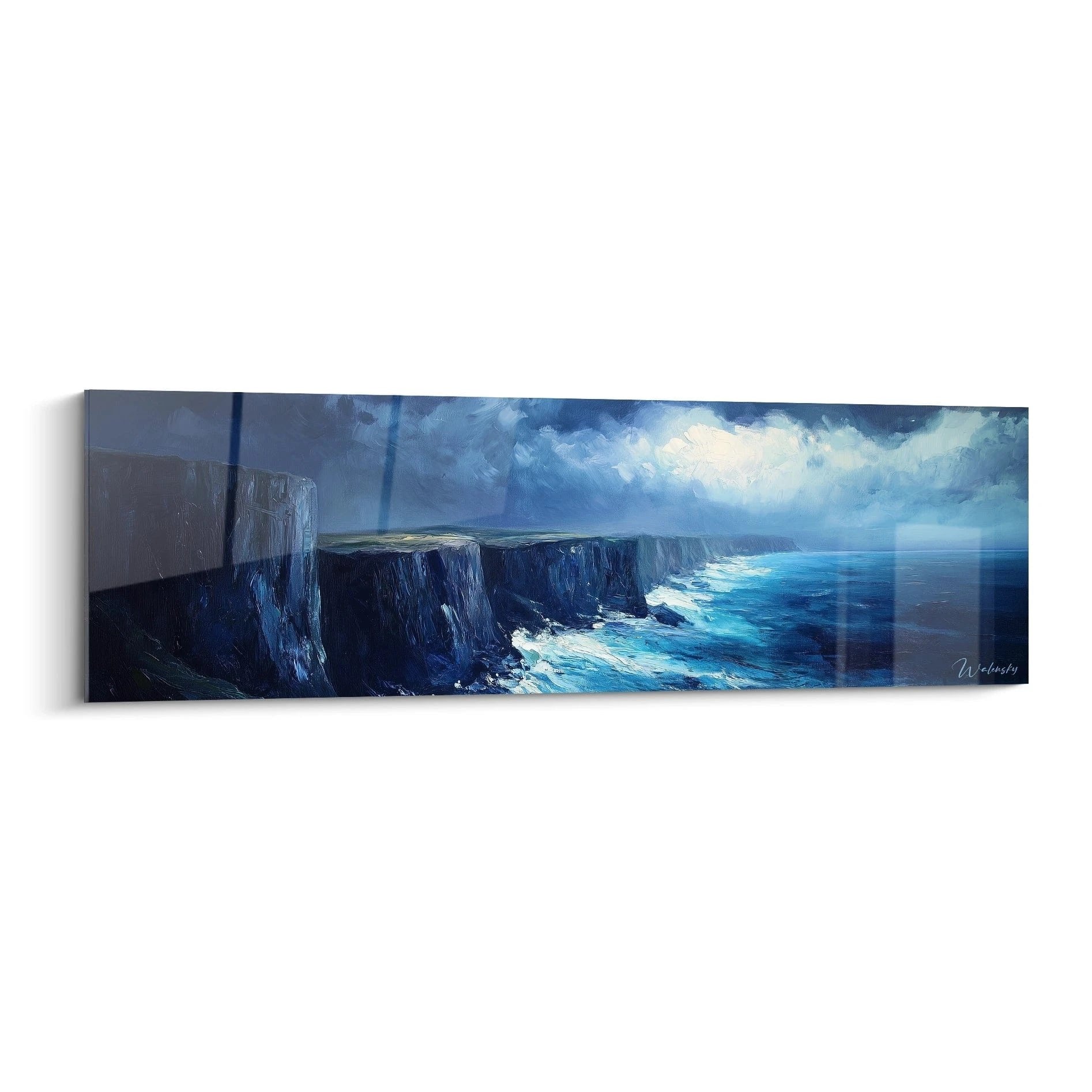 Wandbild dramatische Meeresklippen mit stürmischer See und Wolkenhimmel in Blautönen - maritime Wandkunst