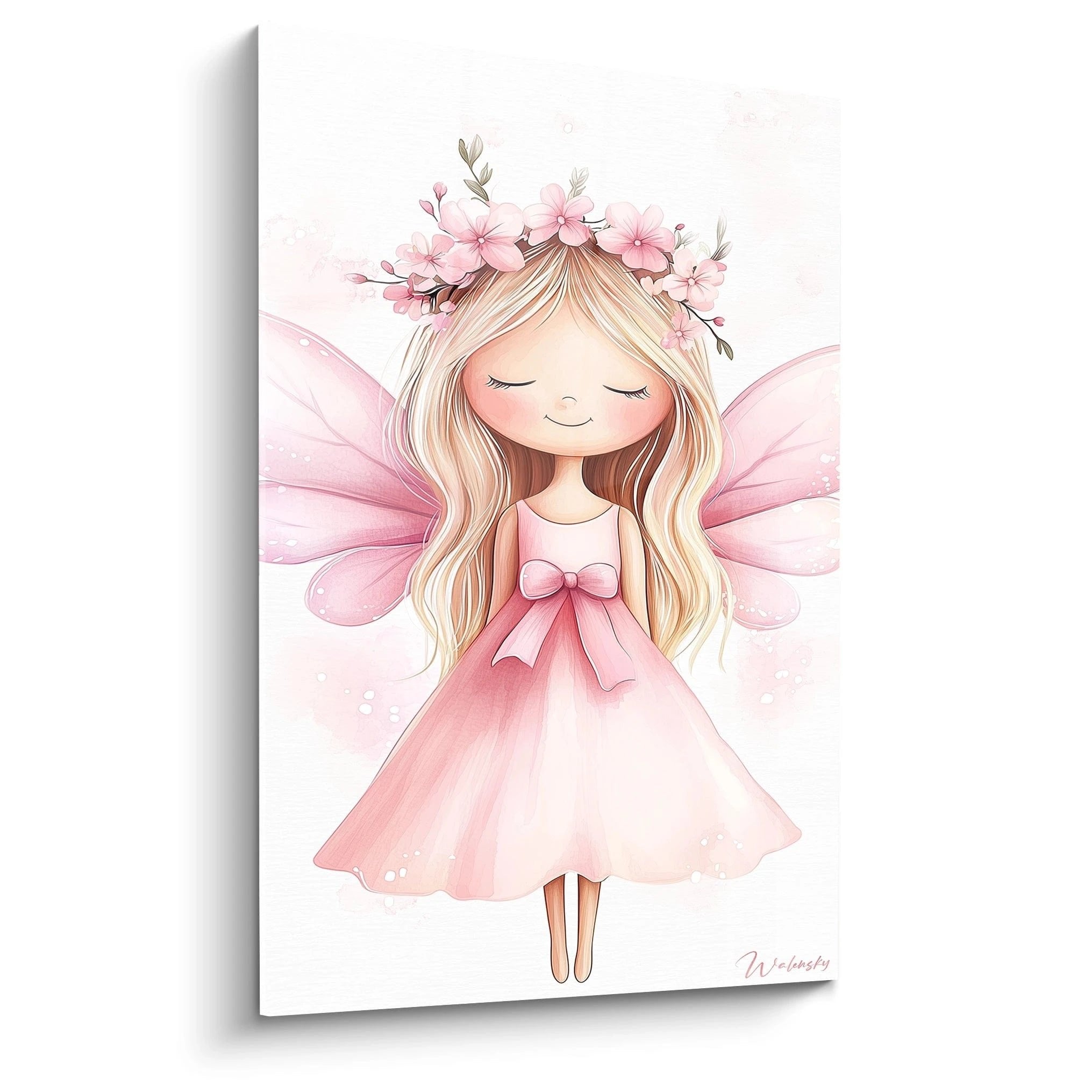Wandbild einer kleinen Fee mit rosa Flügeln, Blumenkrone und zartrosa Kleid für Kinderzimmer