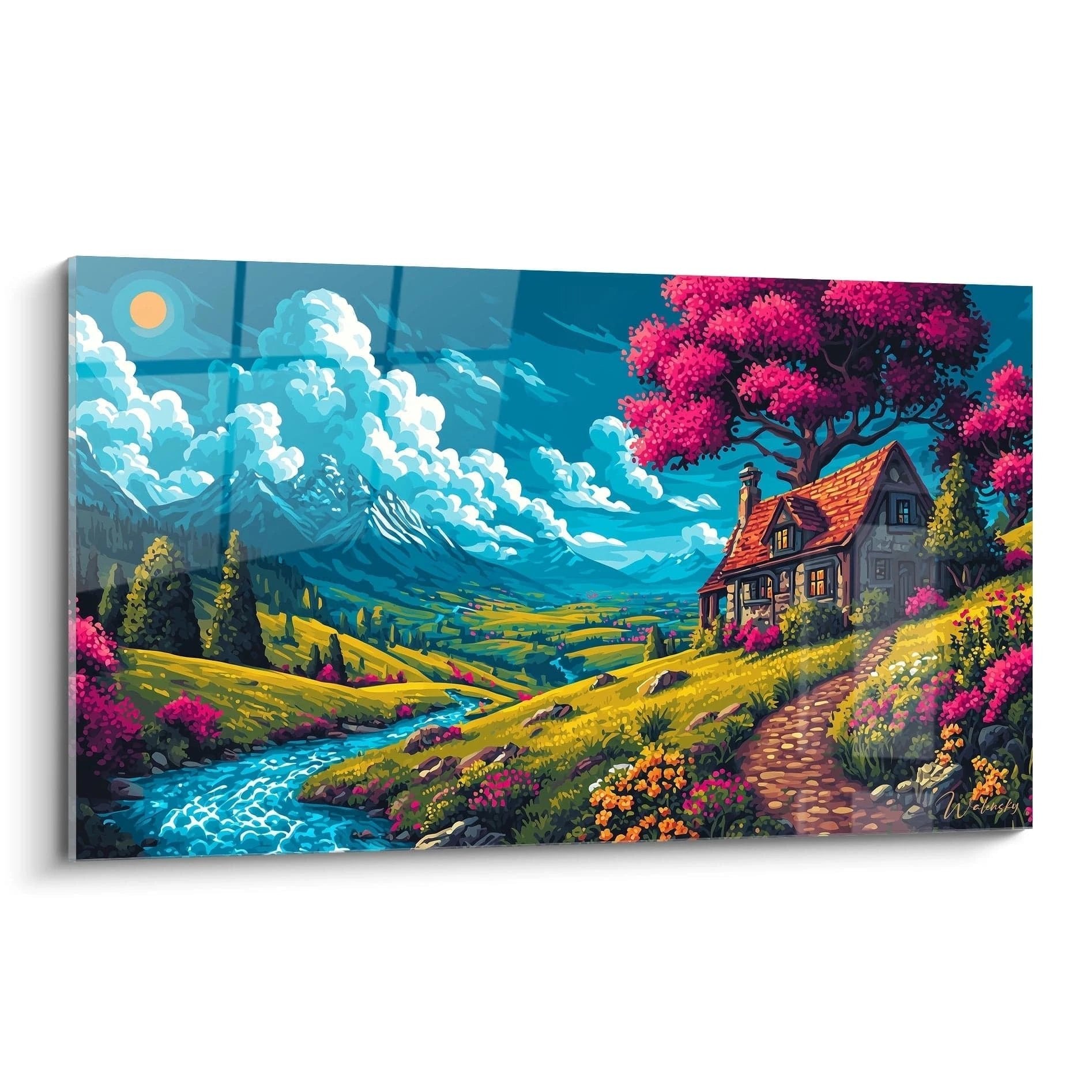 Comic Wandbild zeigt märchenhafte Berglandschaft mit Cottage, pinken Blütenbäumen und kristallklarem Bach