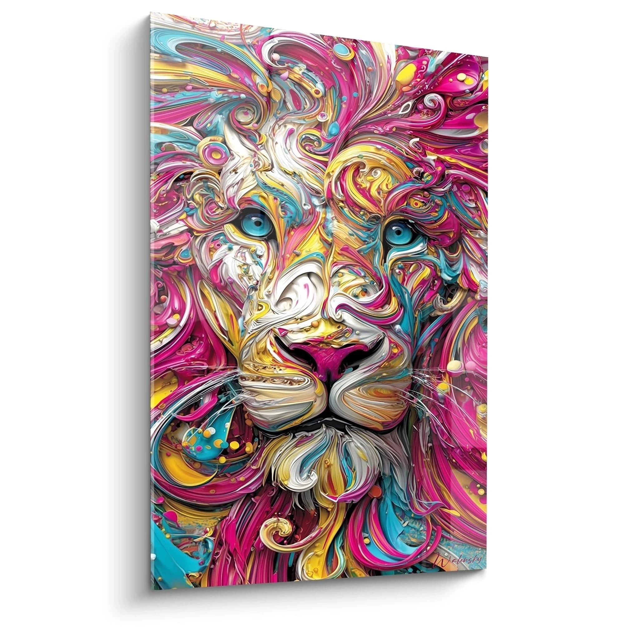 Psychedelisches Löwen-Wandbild mit leuchtenden Farbwirbeln in Pink, Türkis und Gold - Edition Farbexplosion